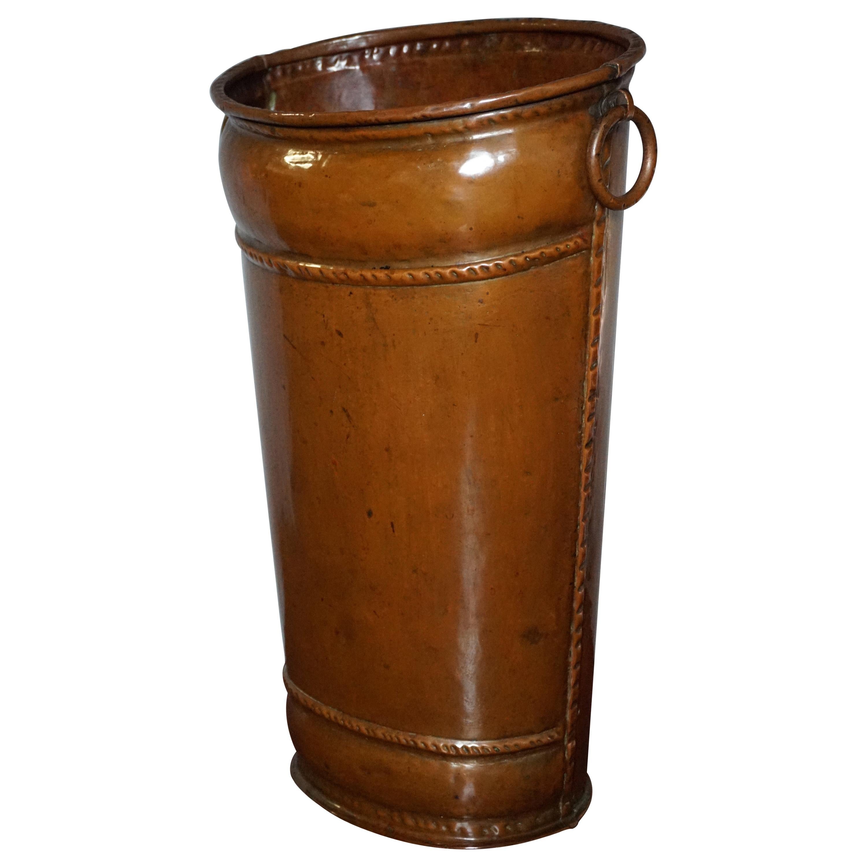 Late 1800s Handcrafted Copper Umbrella Stand Resembling Ancient Leather Bucket For Sale