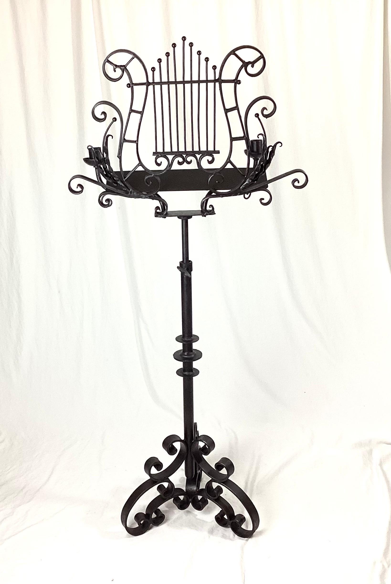 Late 1800's Iron Adjustable Music Stand with Candle Holders In Excellent Condition For Sale In Lambertville, NJ