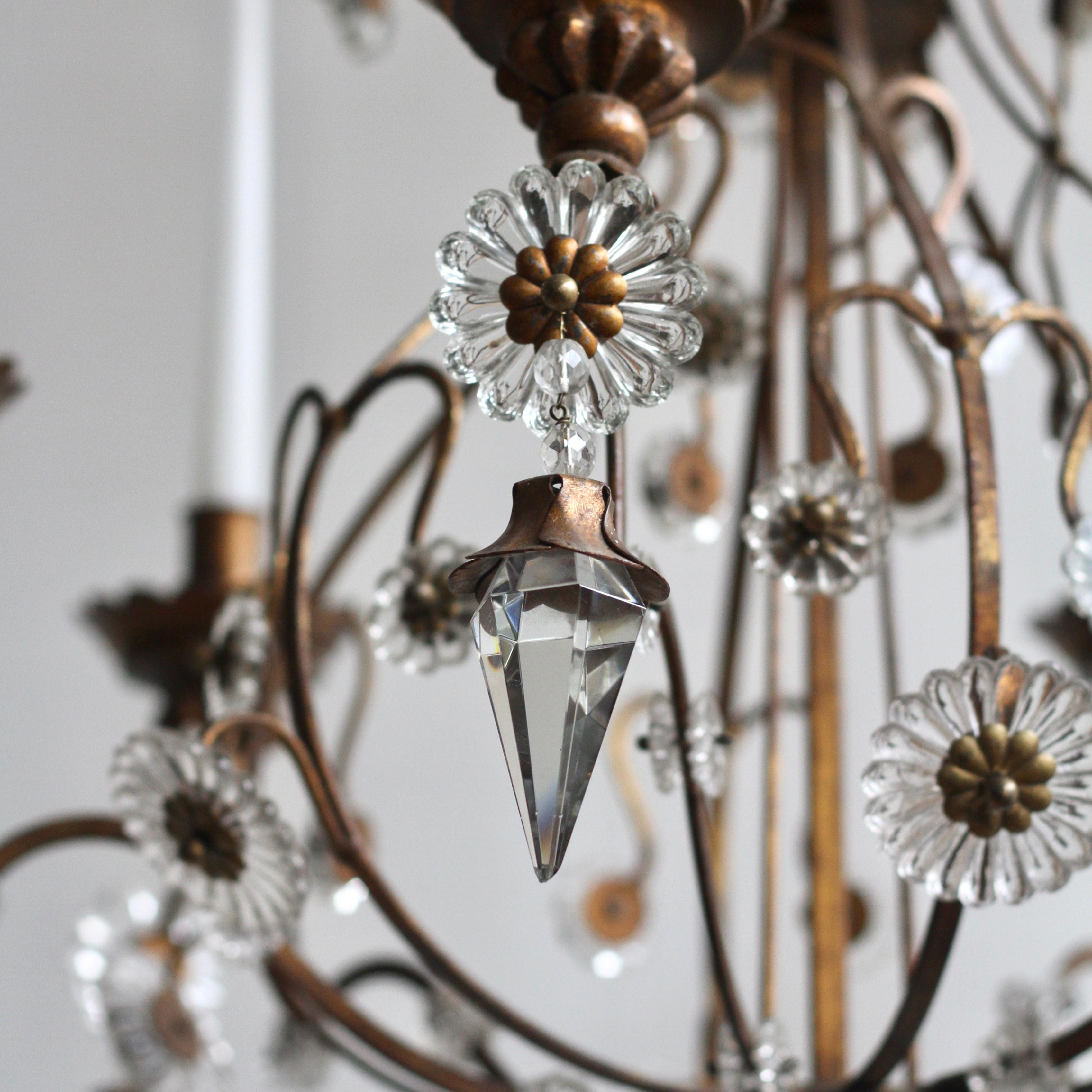 Brass Late 1800s Italian Florentine Giltwood and Cut-Glass Crystal Six-Arm Candelabra