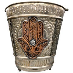 Late 1800s Moroccan Silver Hammam Bucket with Hamsa Design