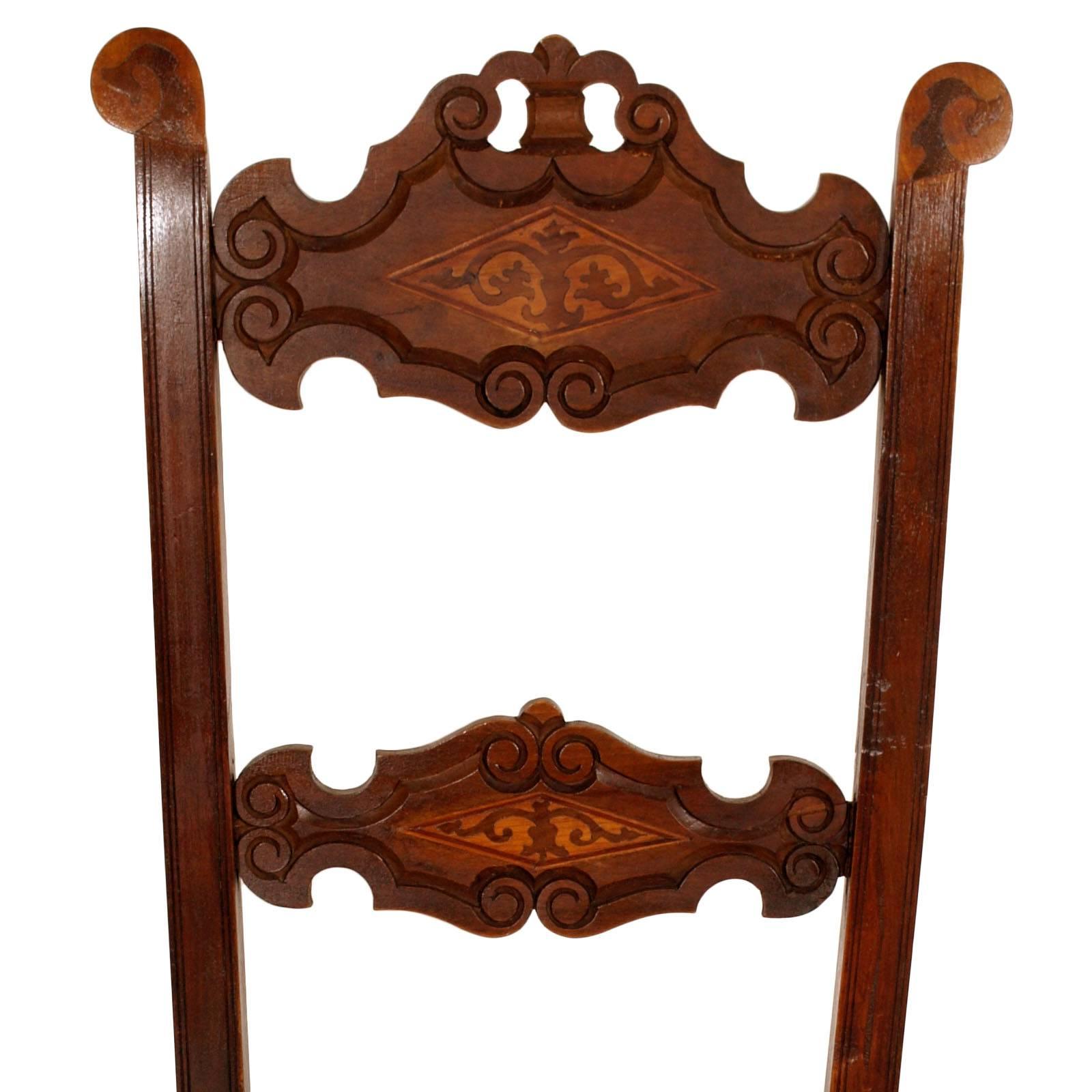 Late 19th century pair very elegant Venetian Gothic chairs in carved walnut, Very good  conditions, restored and wax-polished.
Back and front decorated with inlaid parts with walnut and light wood
Seat redone with new padding and damask