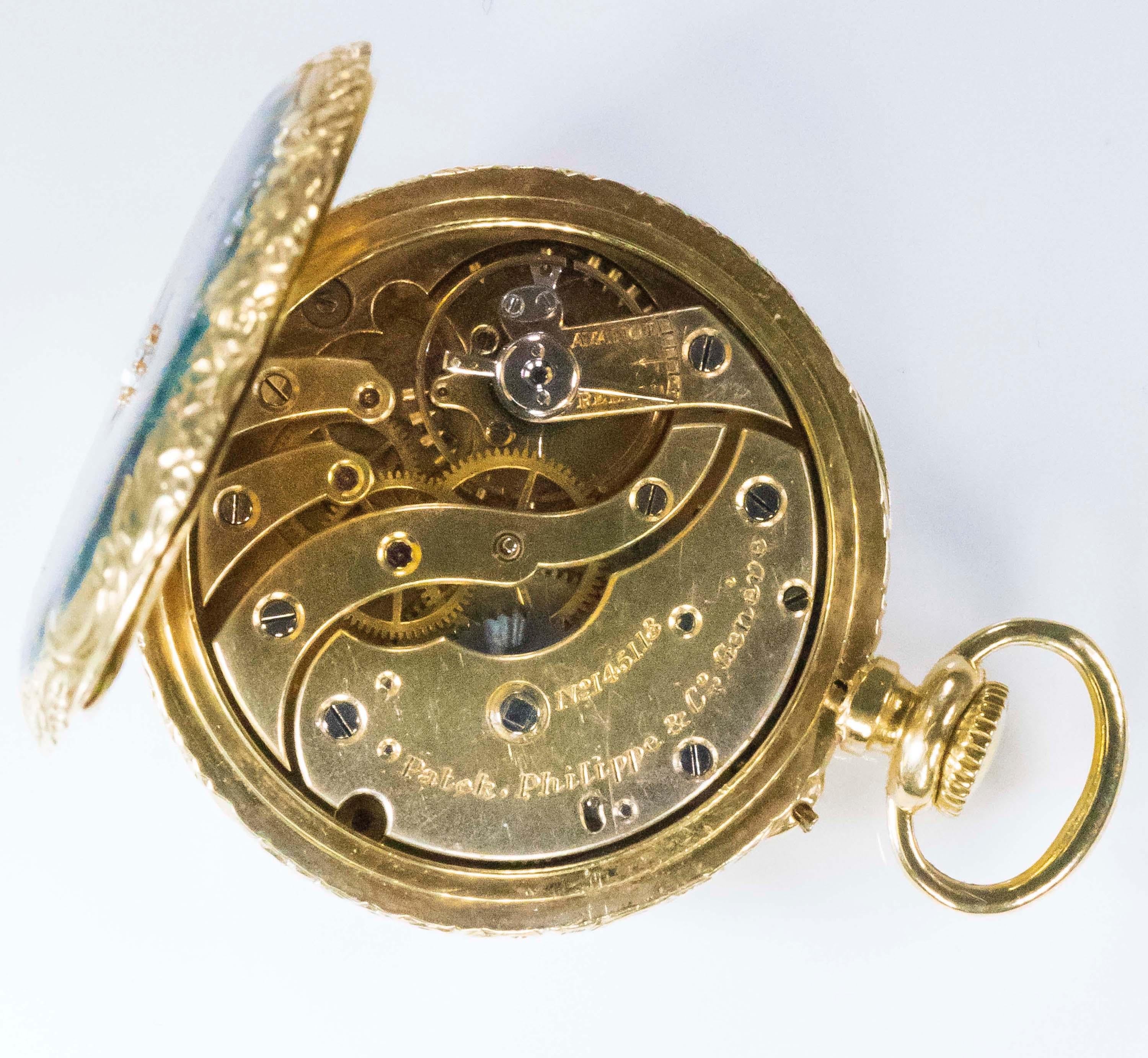 Late 1800s Patek Philippe Diamond Set Aquamarine Blue Engine Turned Guillouche 3