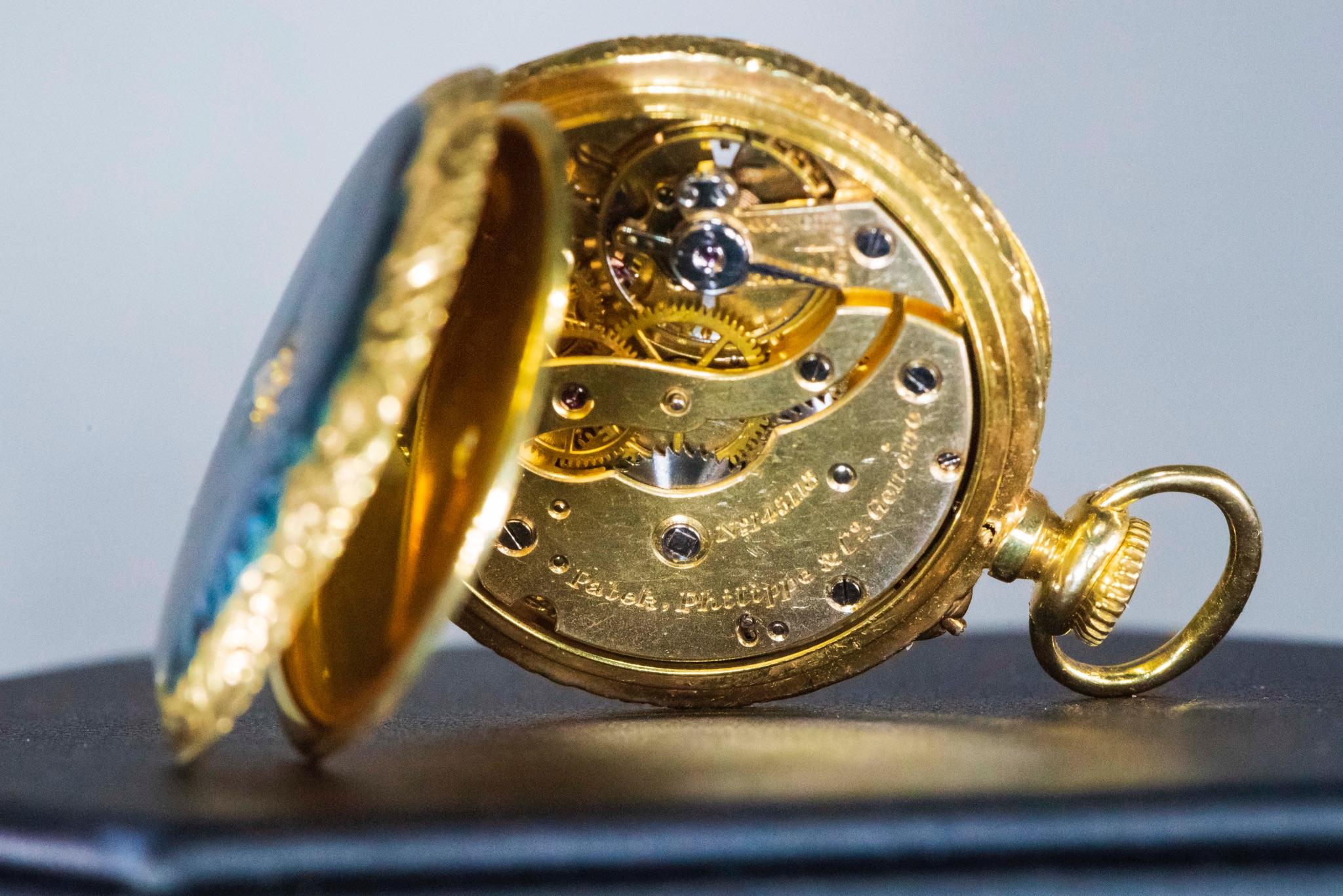 Late 1800s Patek Philippe Diamond Set Aquamarine Blue Engine Turned Guillouche 4