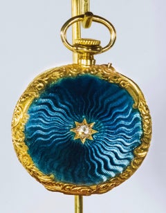 Late 1800s Patek Philippe Diamond Set Aquamarine Blue Engine Turned Guillouche