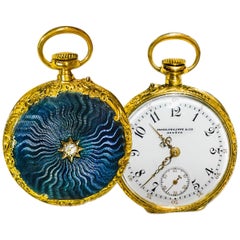 Late 1800s Patek Philippe Diamond Set Aquamarine Blue Engine Turned Guillouche