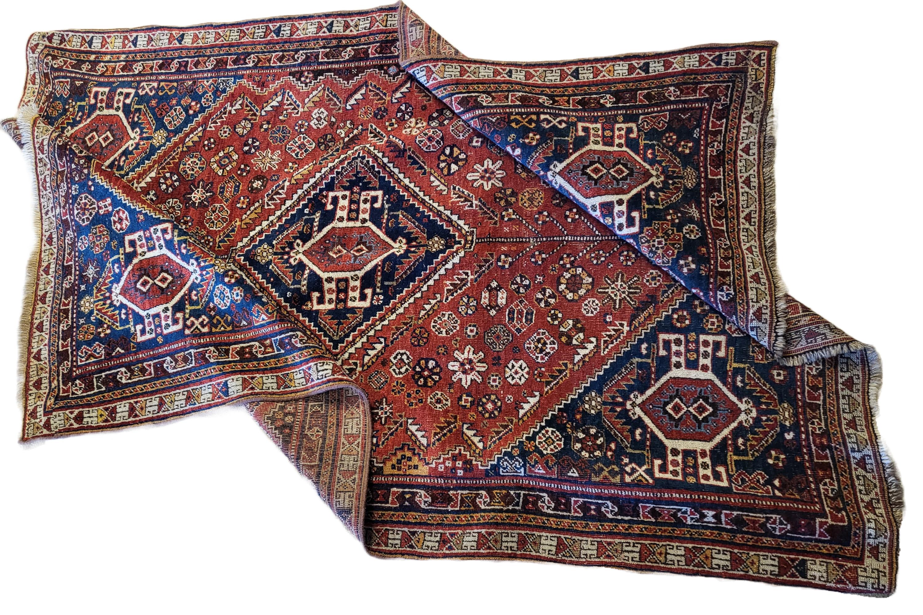 Hand-Knotted Late 1800's Qashqai - Museum Quality, Nomadic Persian Rug For Sale
