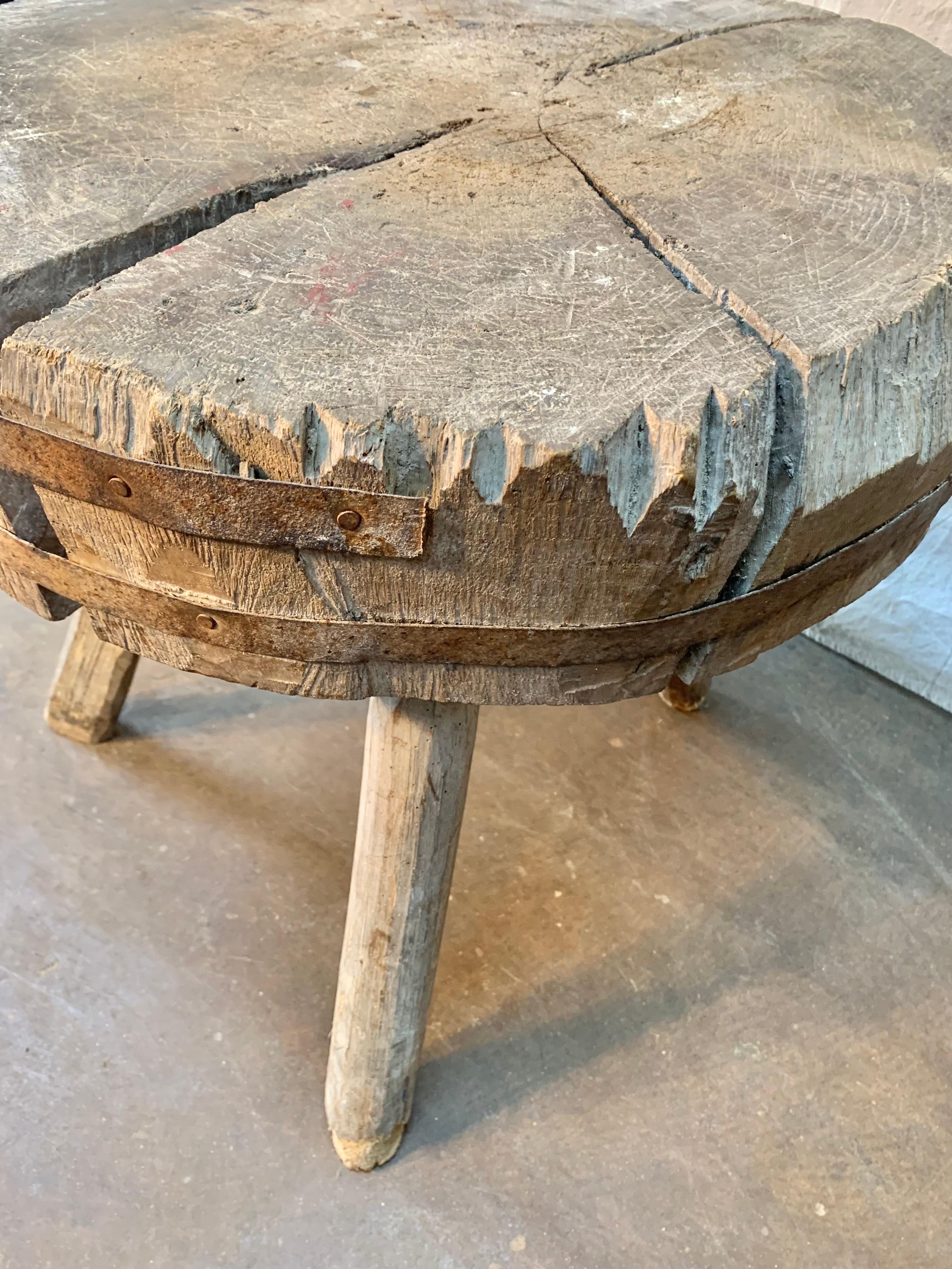 Late 1800s Rustic French Butcher Block Side Table 4