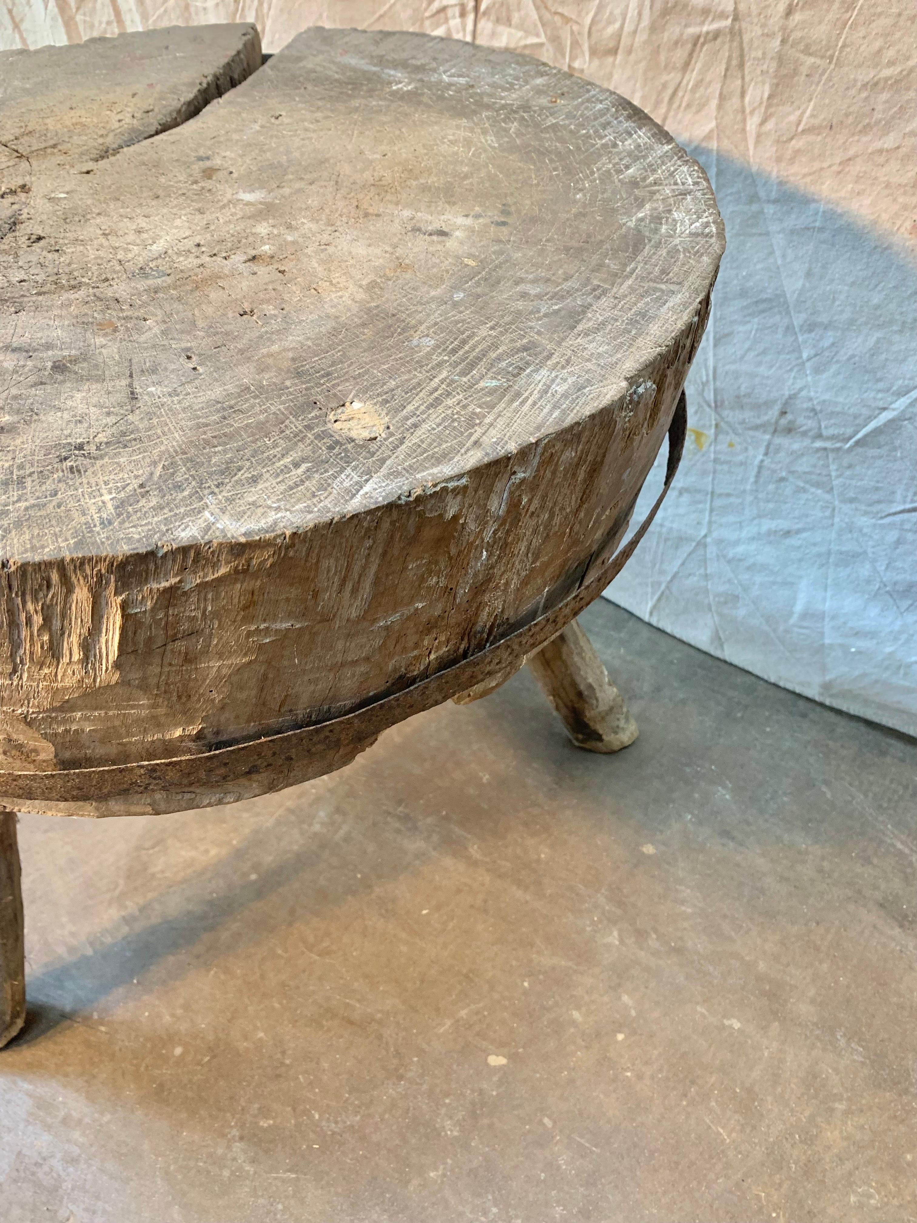Late 1800s Rustic French Butcher Block Side Table 6