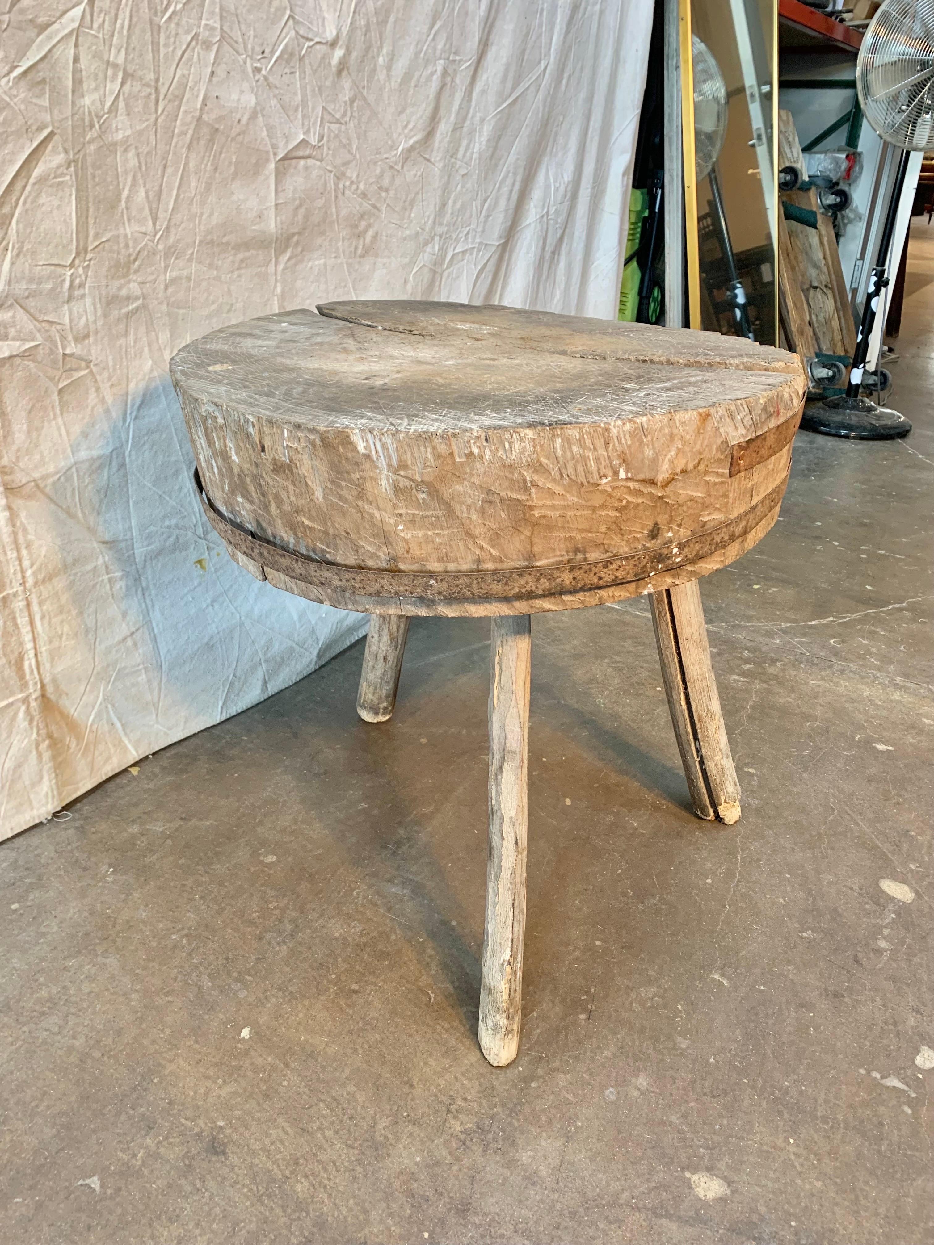 Hand-Crafted Late 1800s Rustic French Butcher Block Side Table