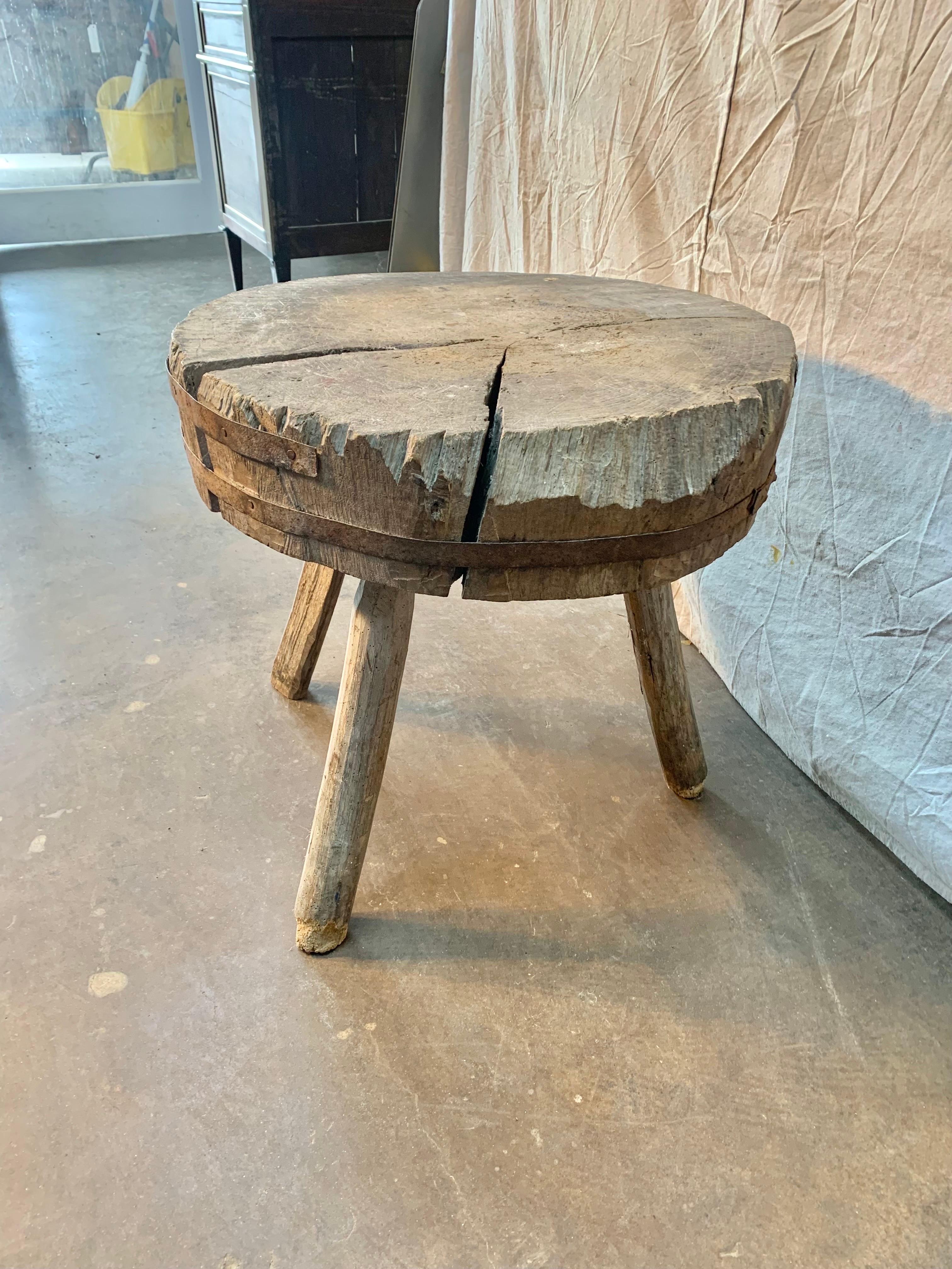 Late 1800s Rustic French Butcher Block Side Table In Good Condition In Burton, TX
