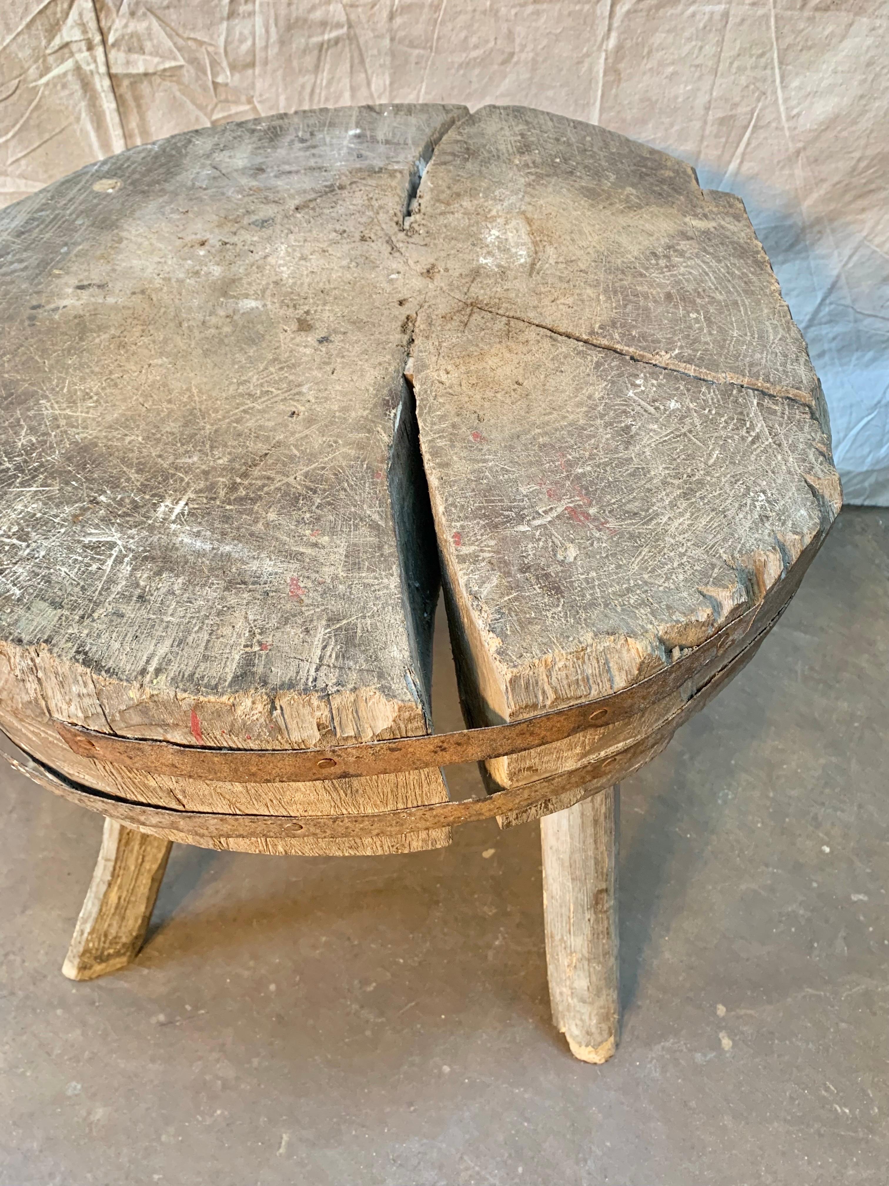 Iron Late 1800s Rustic French Butcher Block Side Table