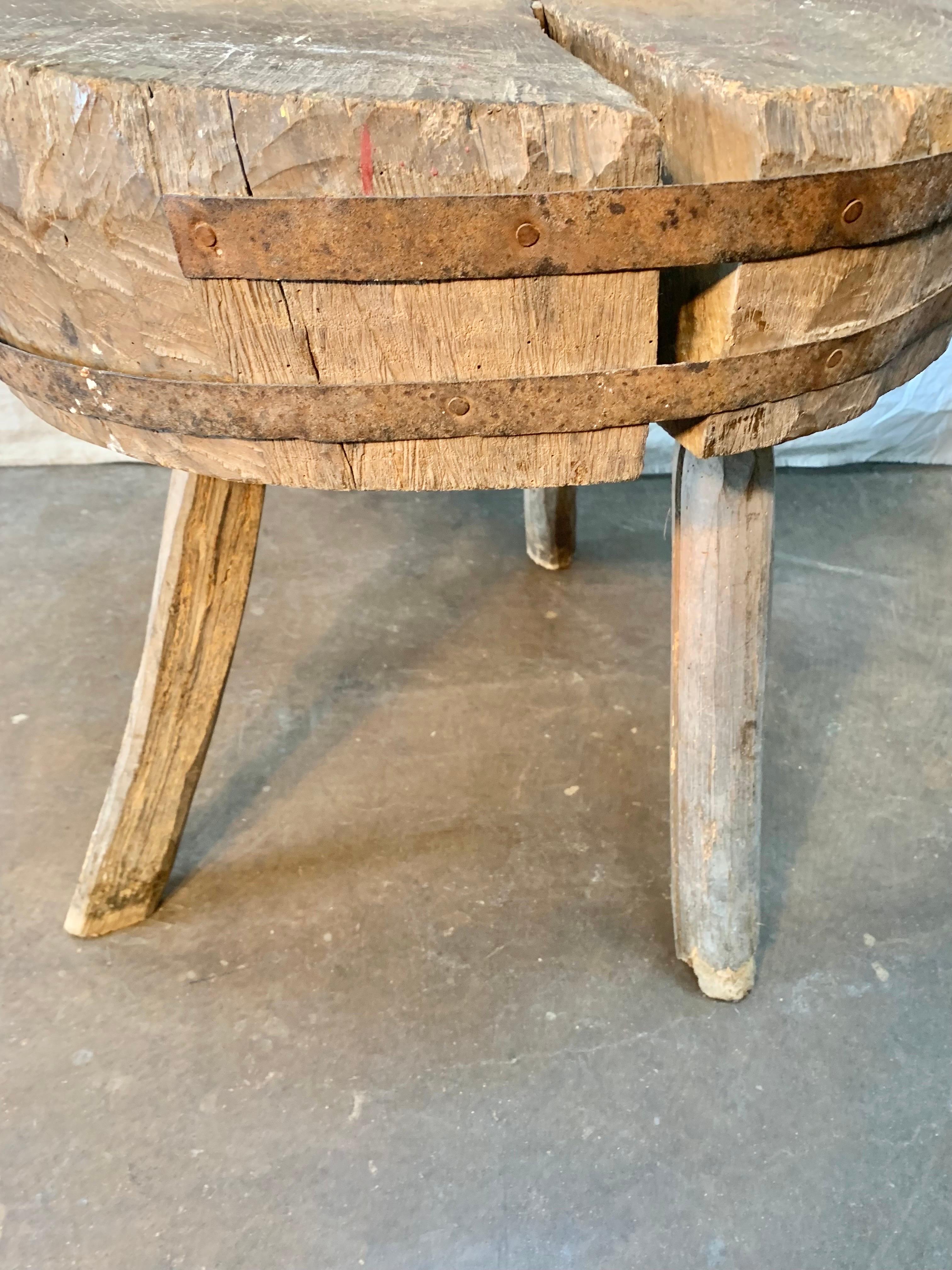 Late 1800s Rustic French Butcher Block Side Table 1