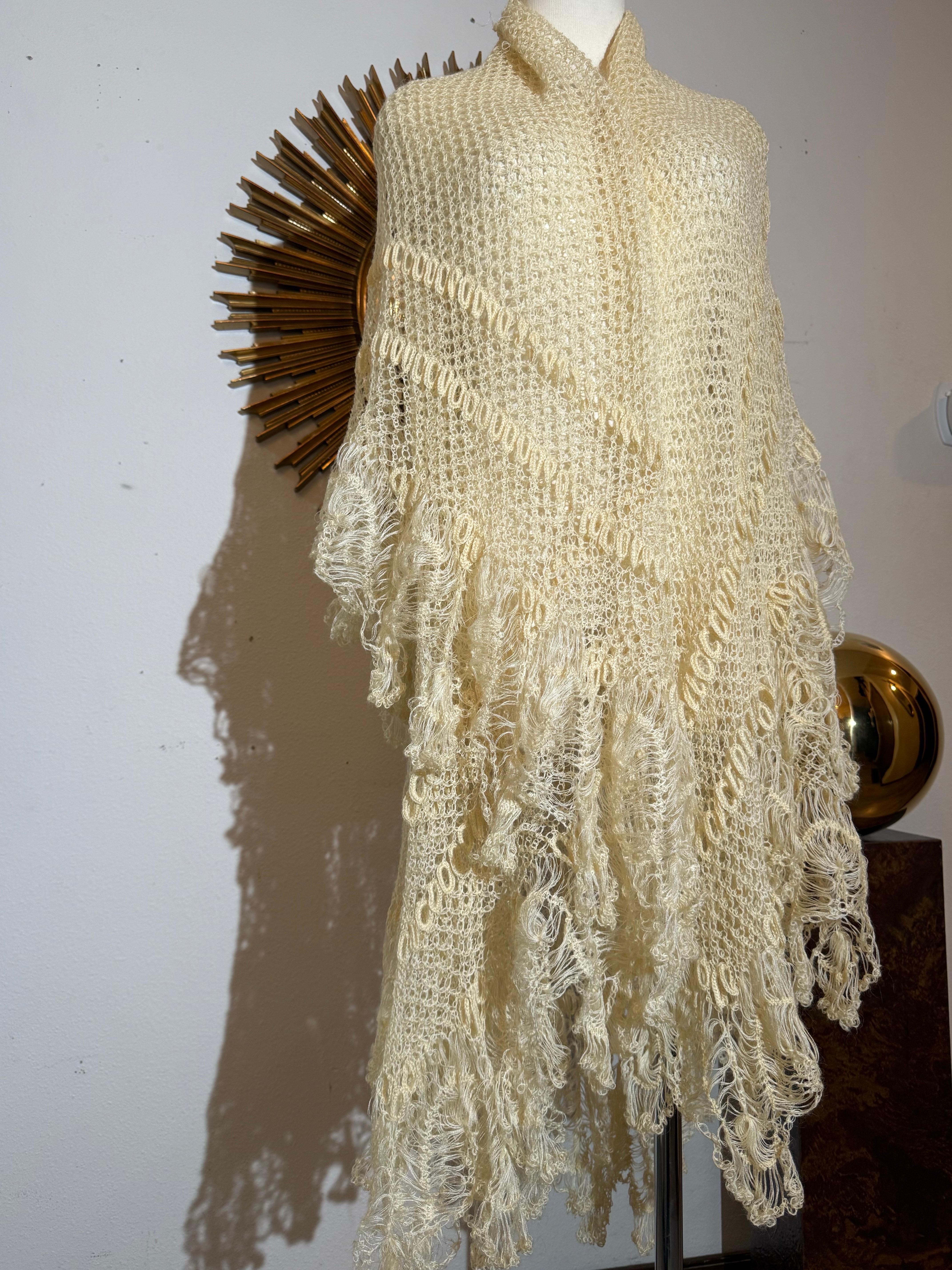 Late 1800s Victorian Buttercream Mohair Crochet Fichu in Intricate Patterns For Sale 5