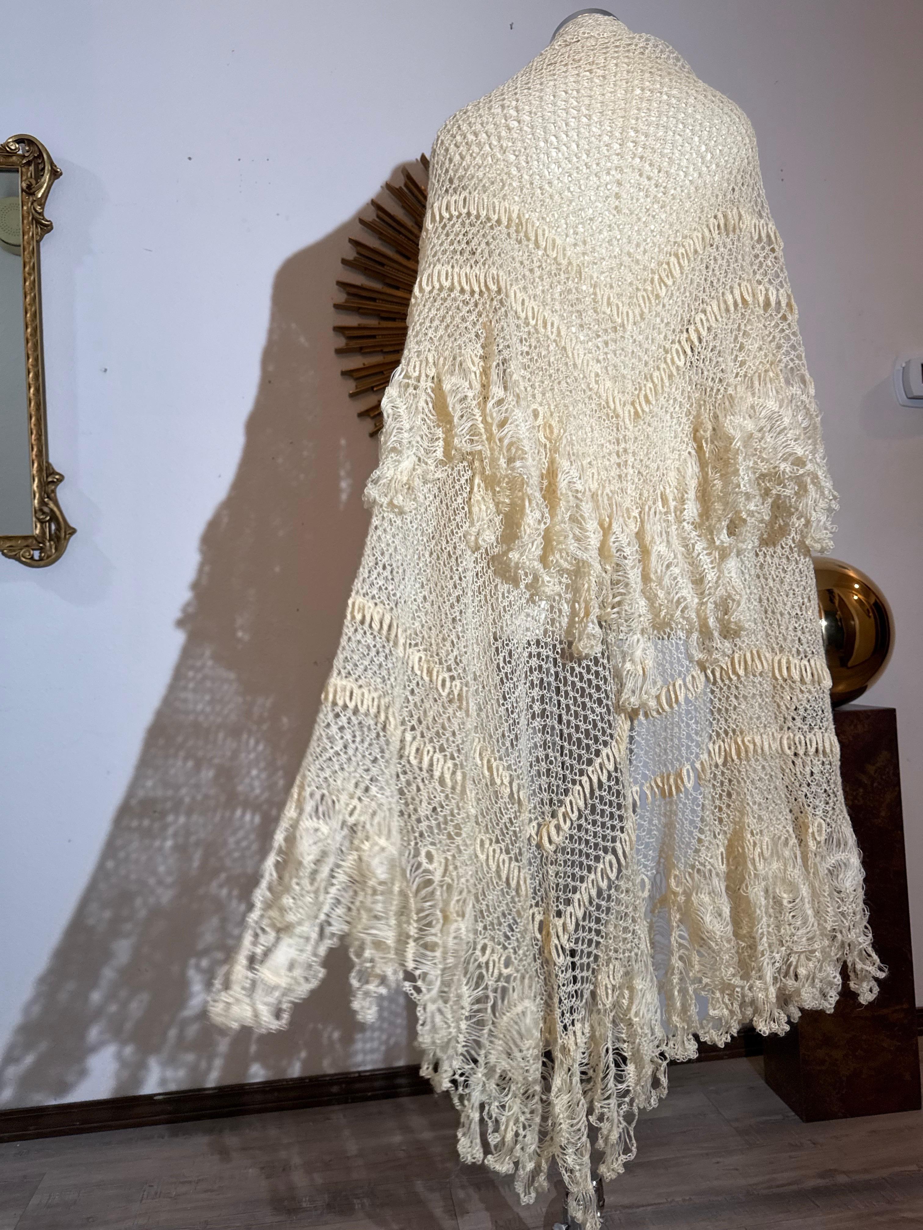 Late 1800s Victorian Buttercream Mohair Crochet Fichu in Intricate Patterns For Sale 6