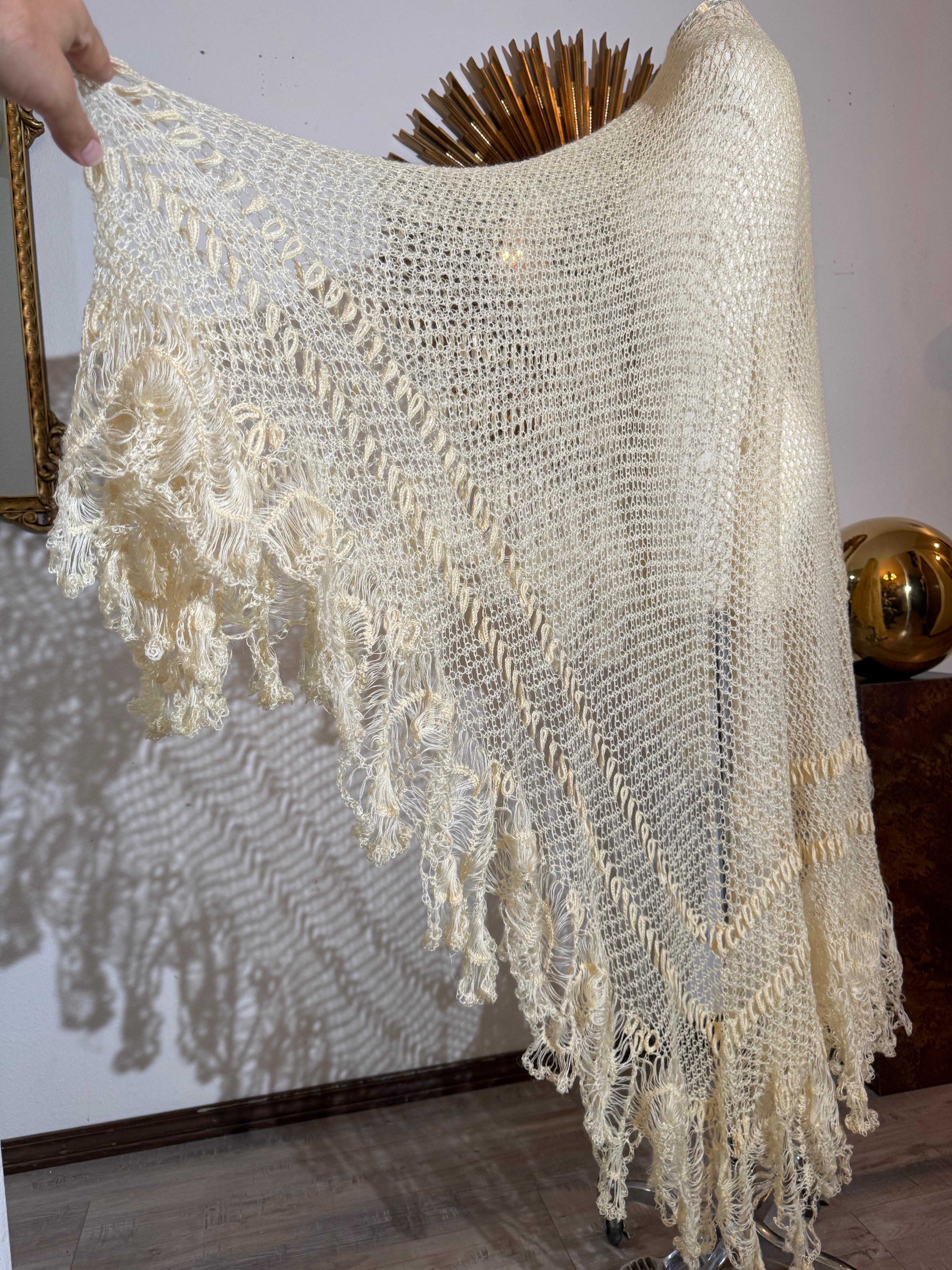 Late 1800s Victorian Buttercream Mohair Crochet Fichu in Intricate Patterns For Sale 7
