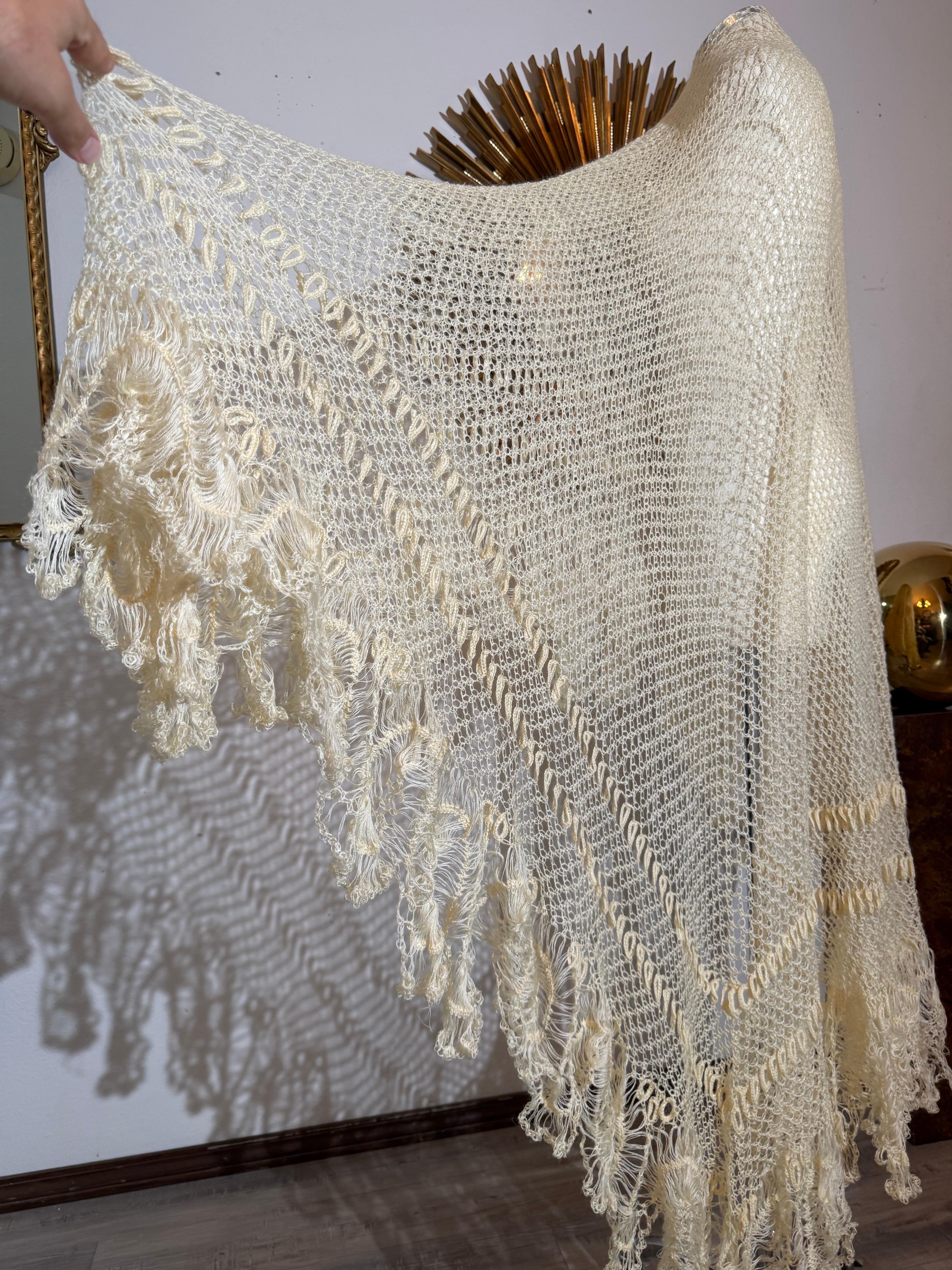 Late 1800s Victorian Buttercream Mohair Crochet Fichu in Intricate Patterns For Sale 8