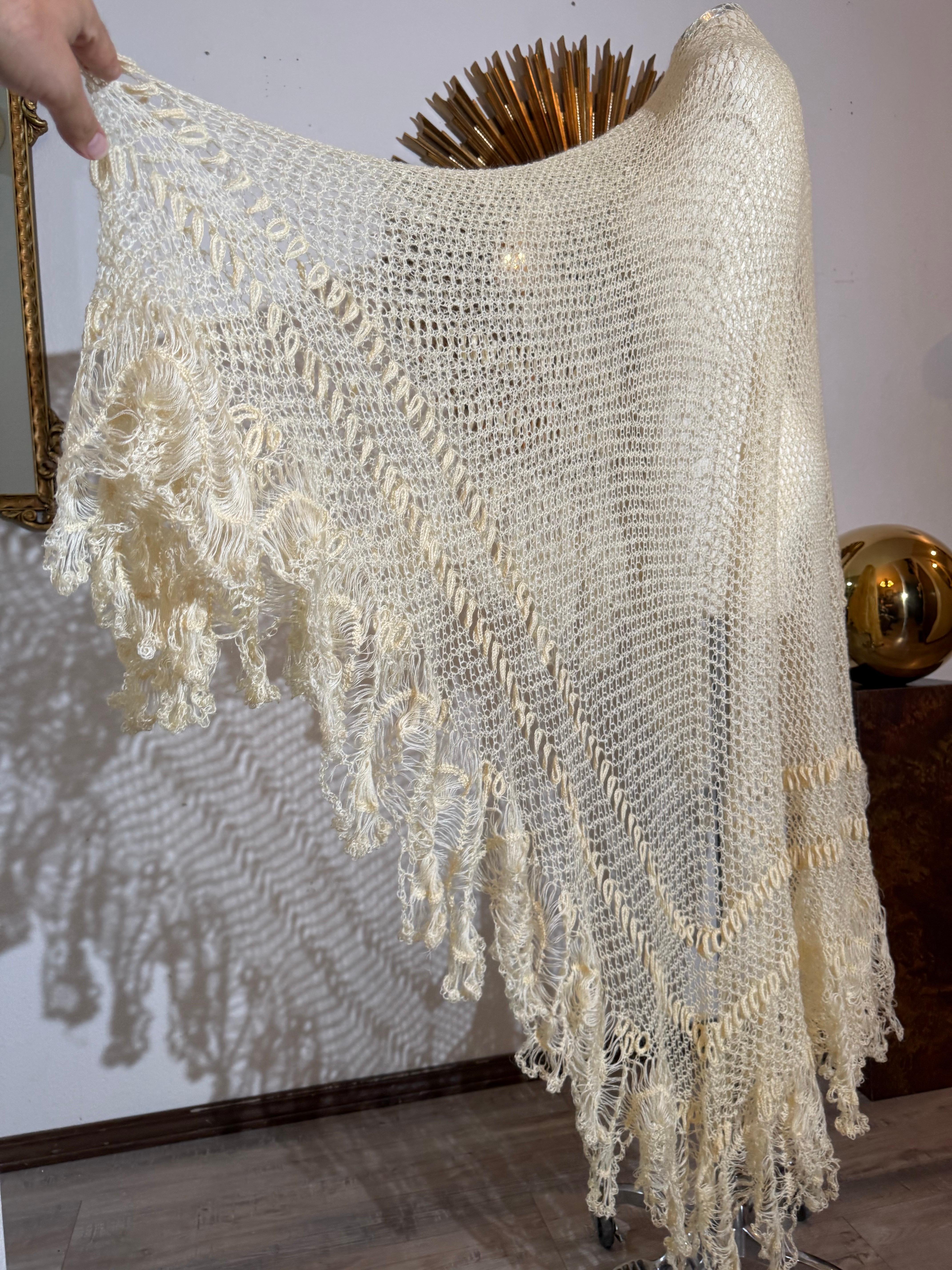 Late 1800s Victorian Buttercream Mohair Crochet Fichu in Intricate Patterns For Sale 9