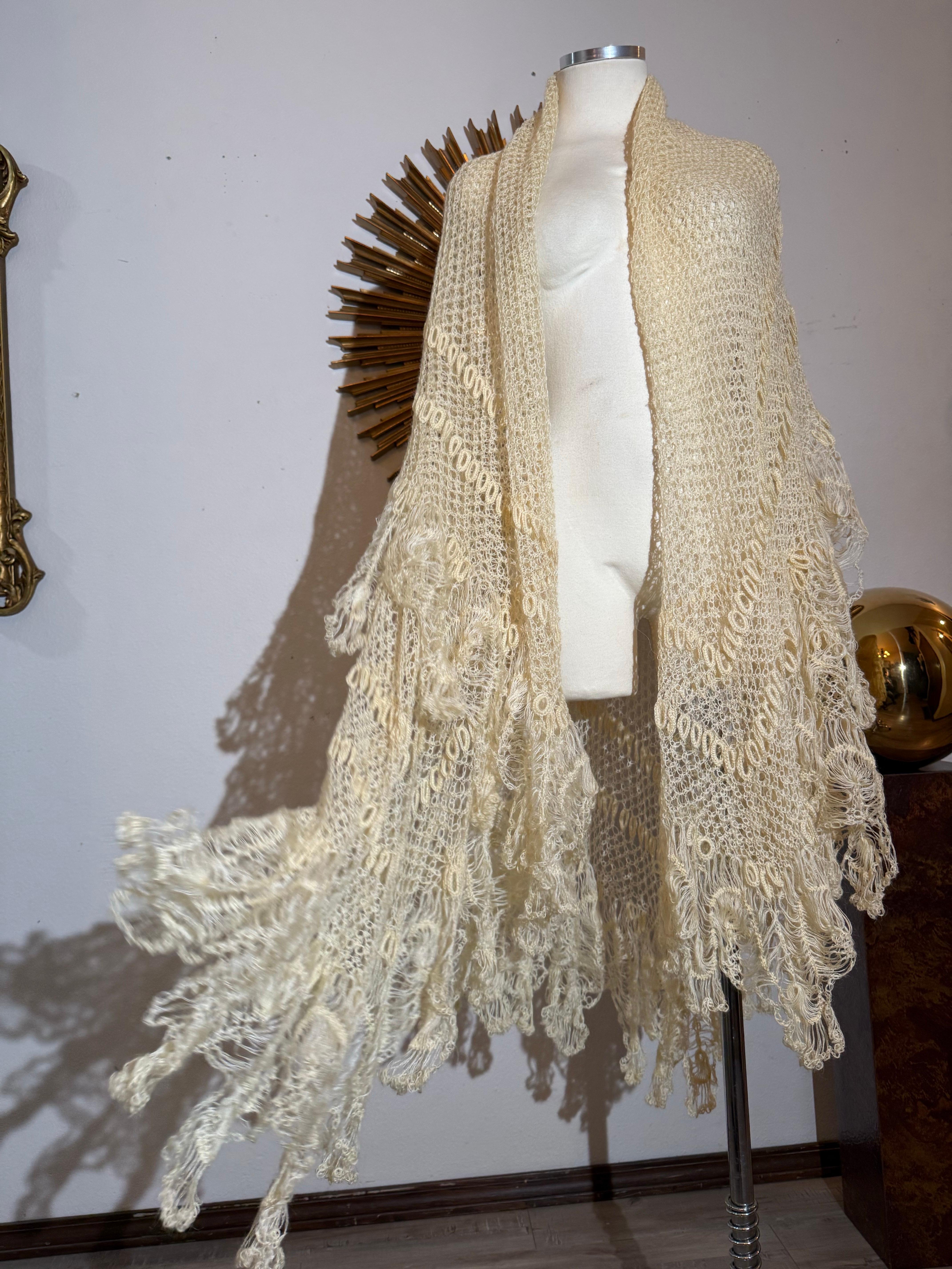 Late 1800s Victorian Buttercream Mohair Crochet Fichu in Intricate Patterns For Sale 10