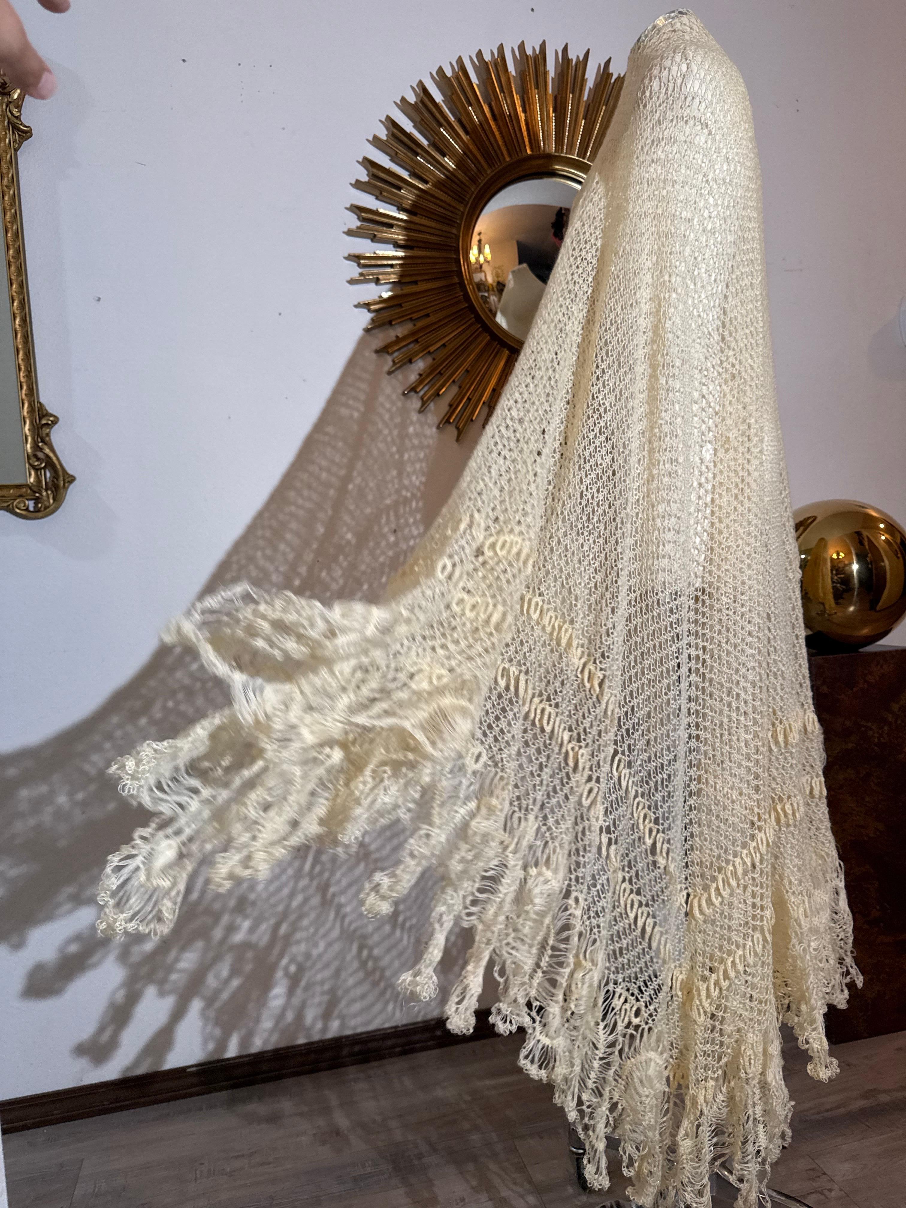 Late 1800s Victorian Buttercream Mohair Crochet Fichu in Intricate Patterns For Sale 11