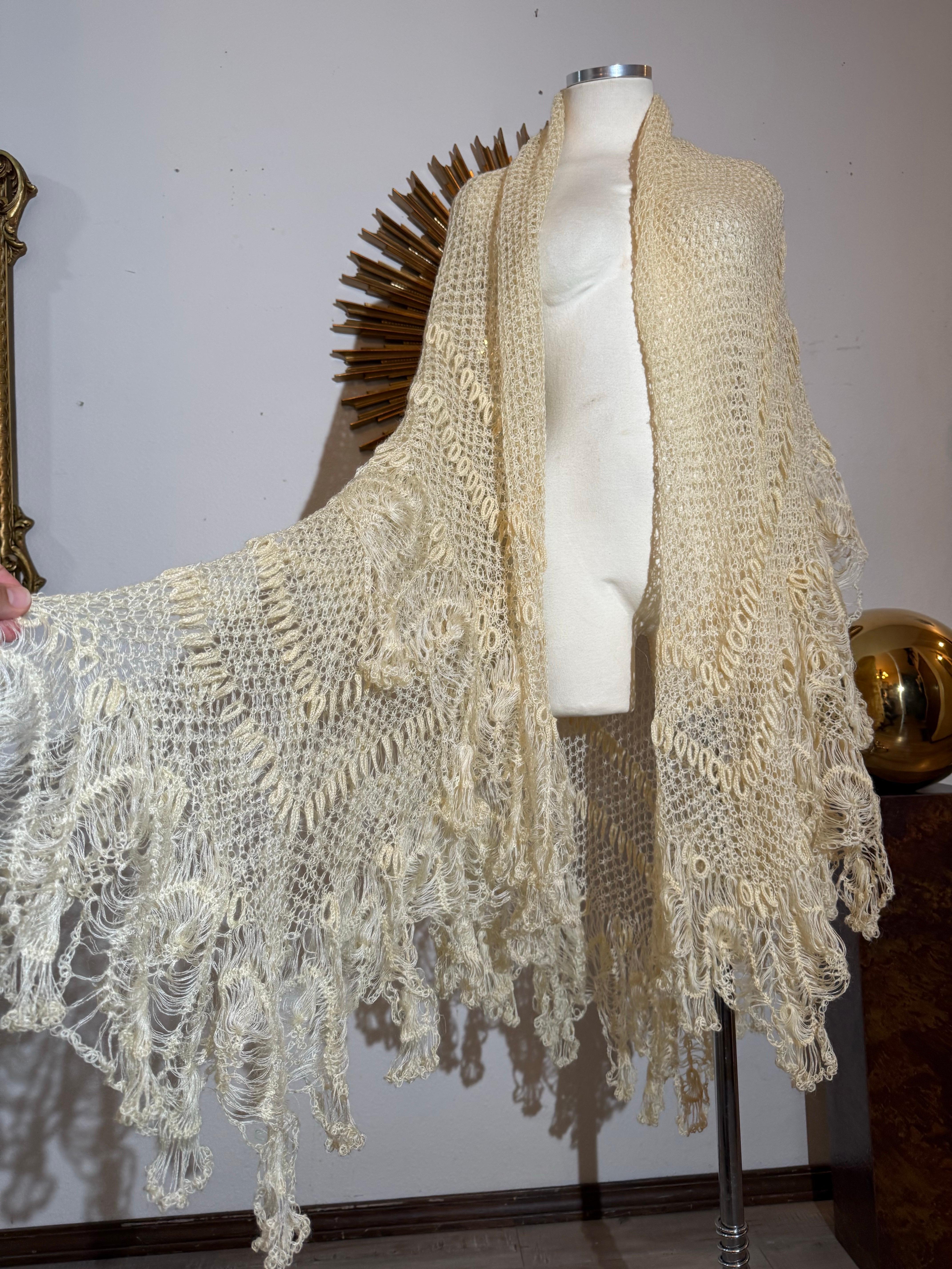 Late 1800s Victorian Buttercream Mohair Crochet Fichu in Intricate Patterns For Sale 12