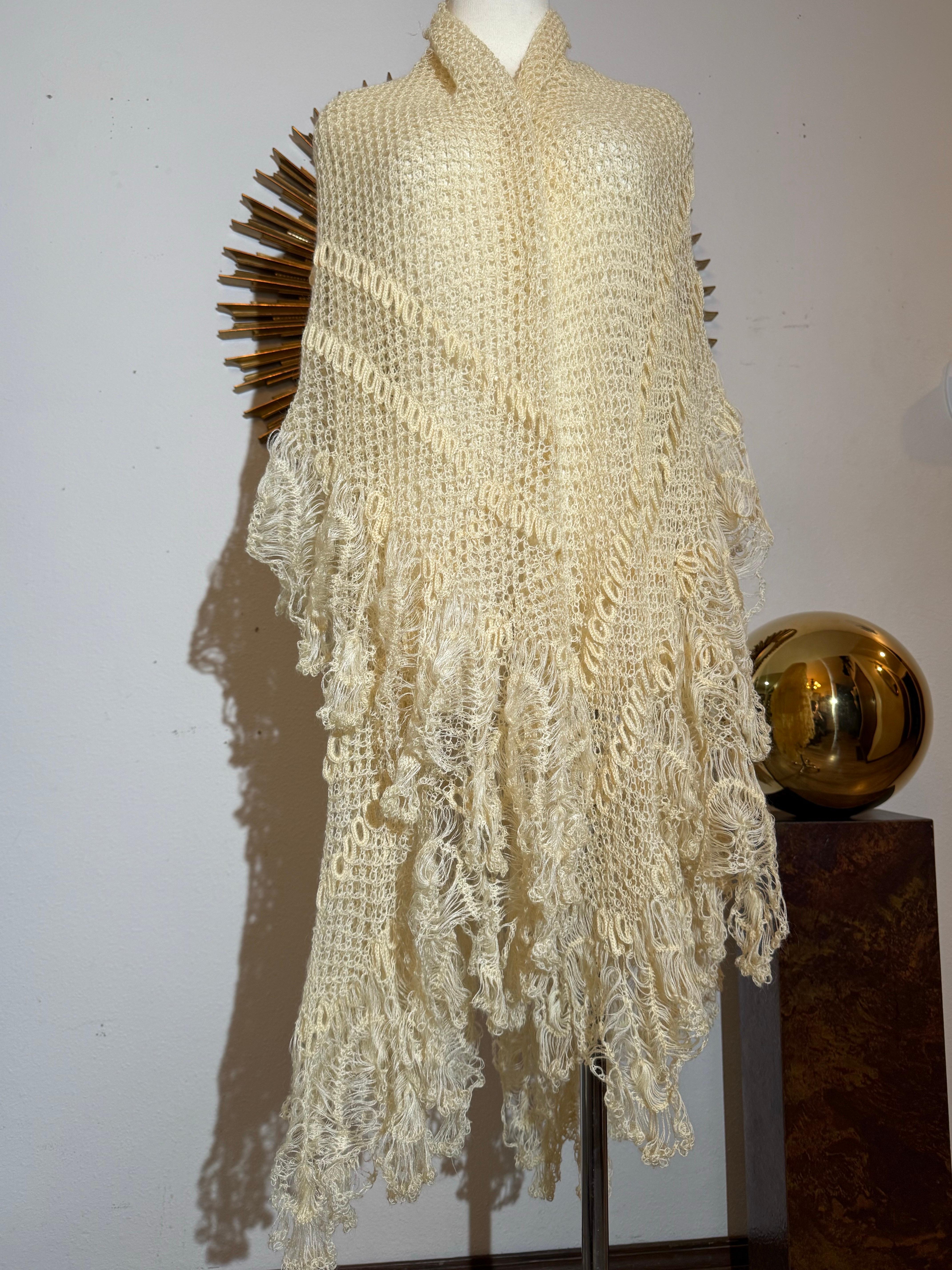 Late 1800s Victorian Buttercream Mohair Crochet Fichu in Intricate Patterns For Sale 13