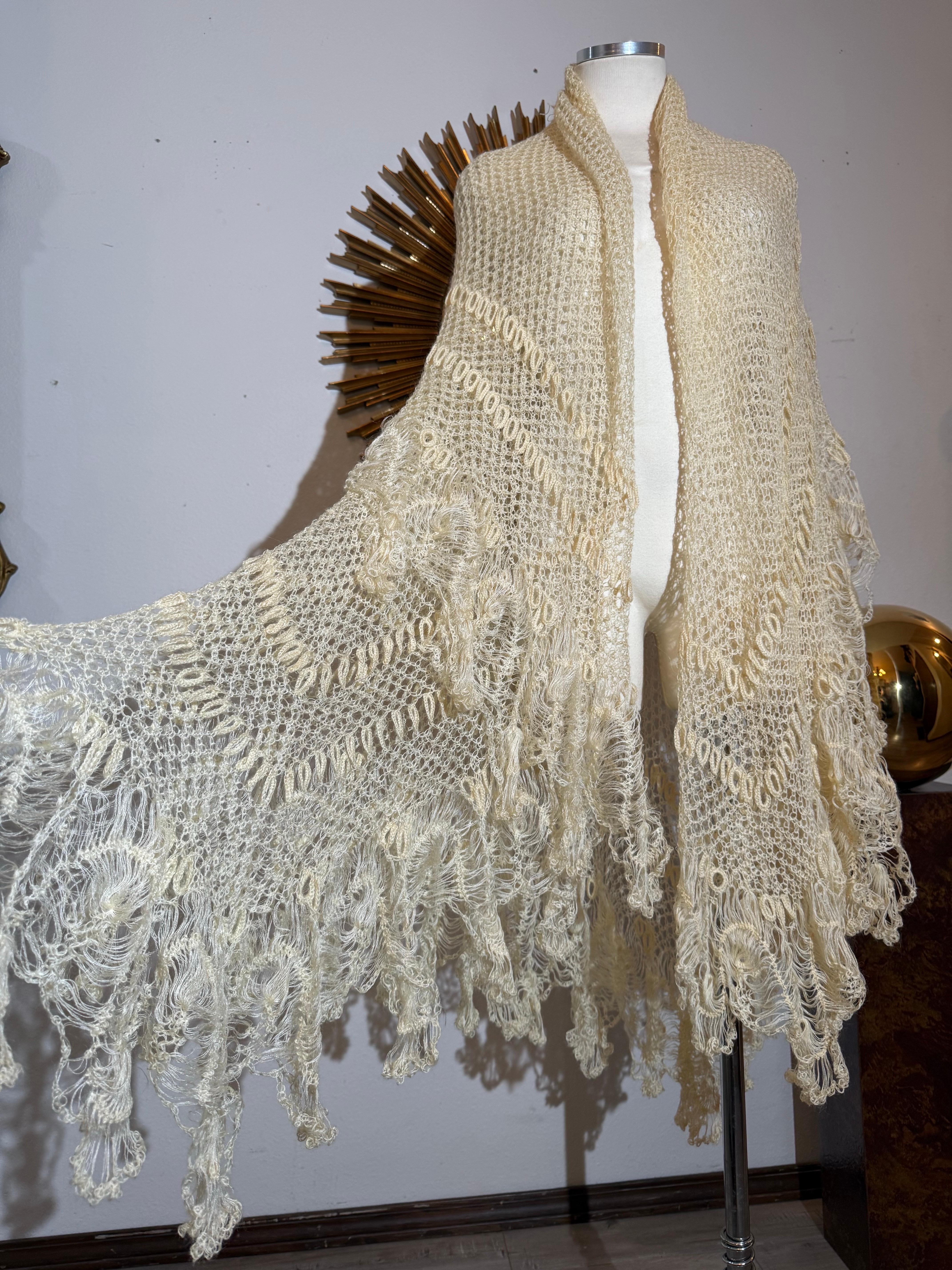 Late 1800s Victorian Buttercream Mohair Crochet Fichu in Intricate Patterns For Sale 14