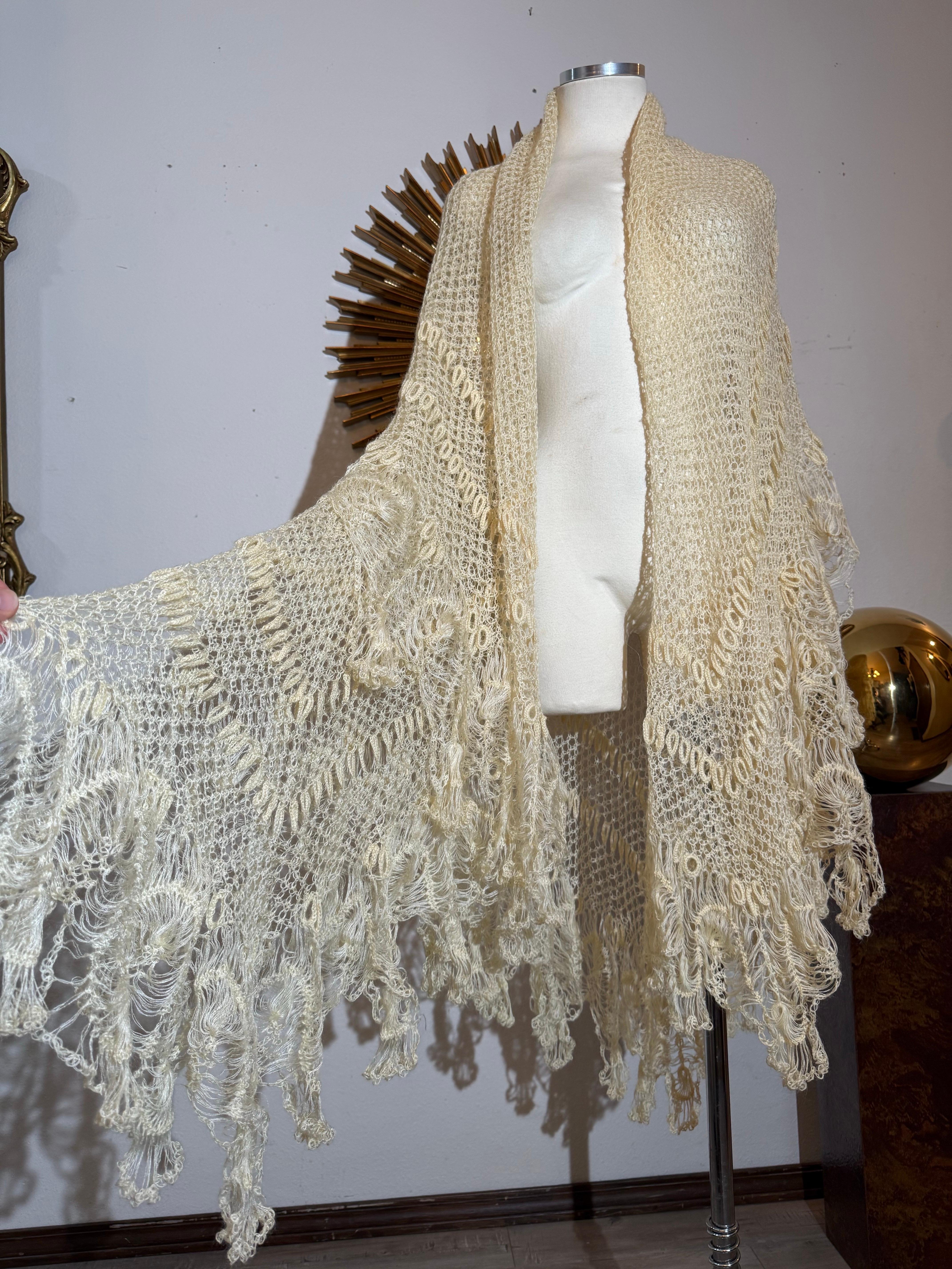 Late 1800s Victorian Buttercream Mohair Crochet Fichu in Intricate Patterns: A generously sized piece in excellent condition, especially considering age. One size fits all. 