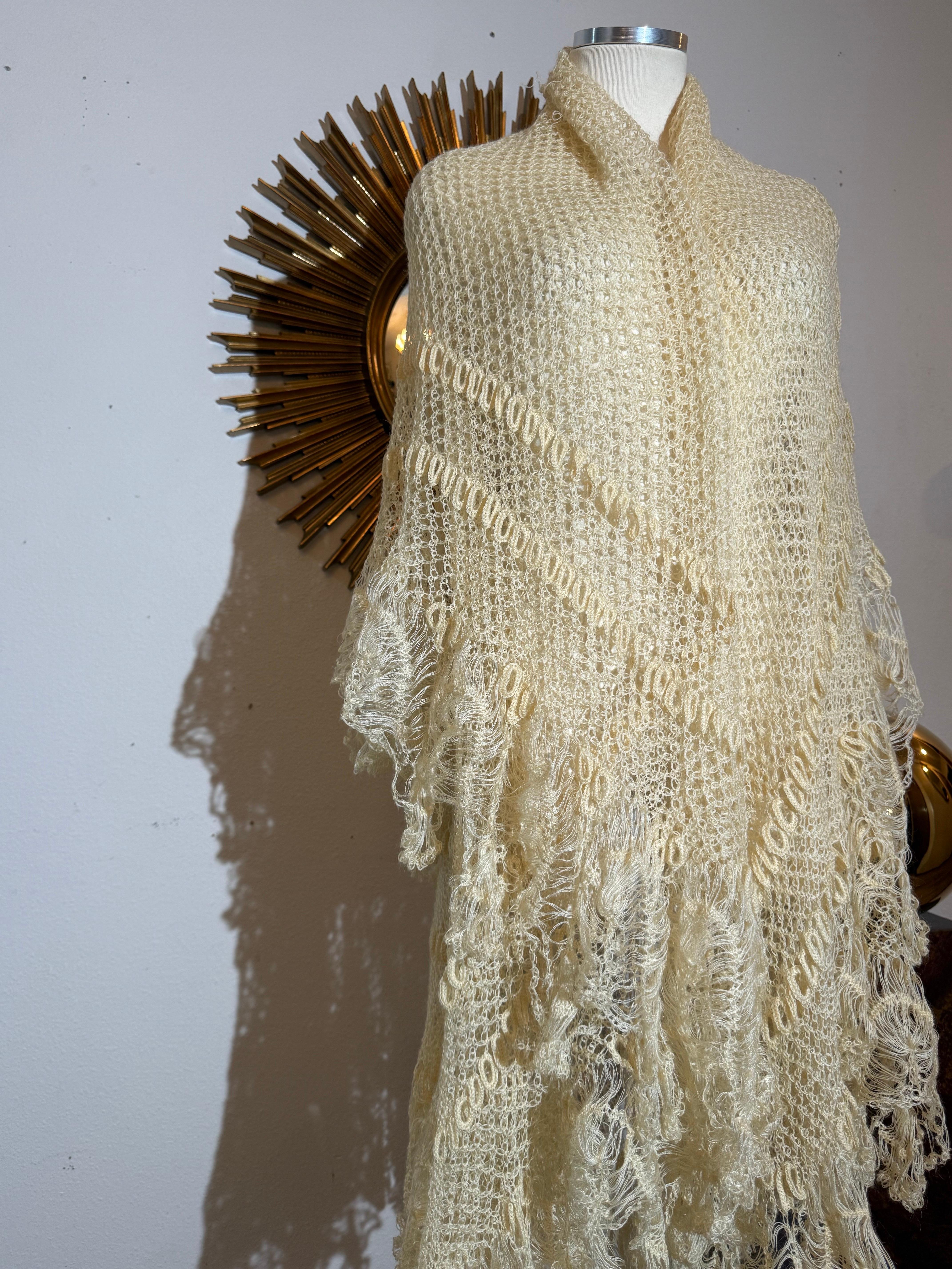 Beige Late 1800s Victorian Buttercream Mohair Crochet Fichu in Intricate Patterns For Sale