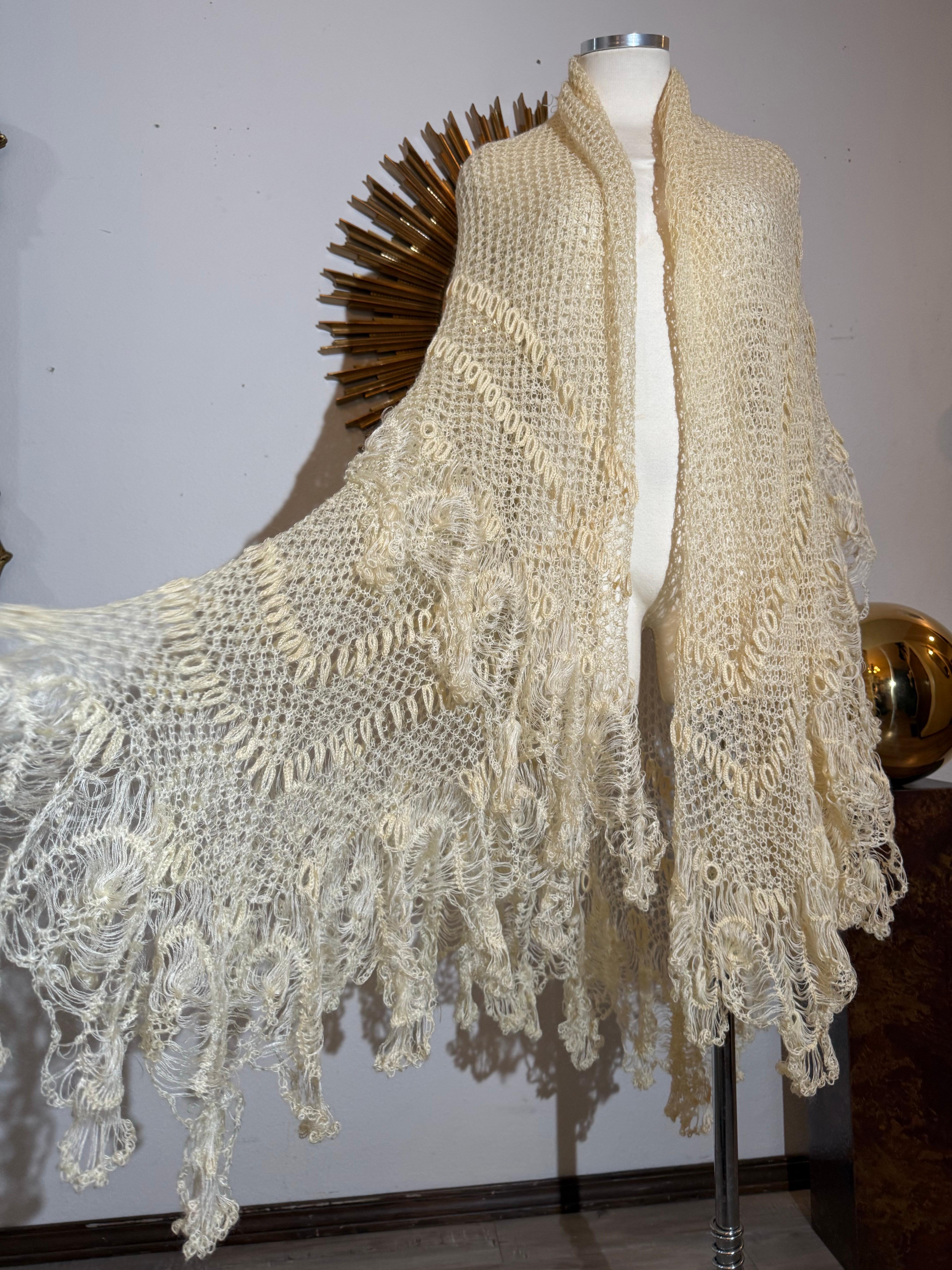 Women's Late 1800s Victorian Buttercream Mohair Crochet Fichu in Intricate Patterns For Sale
