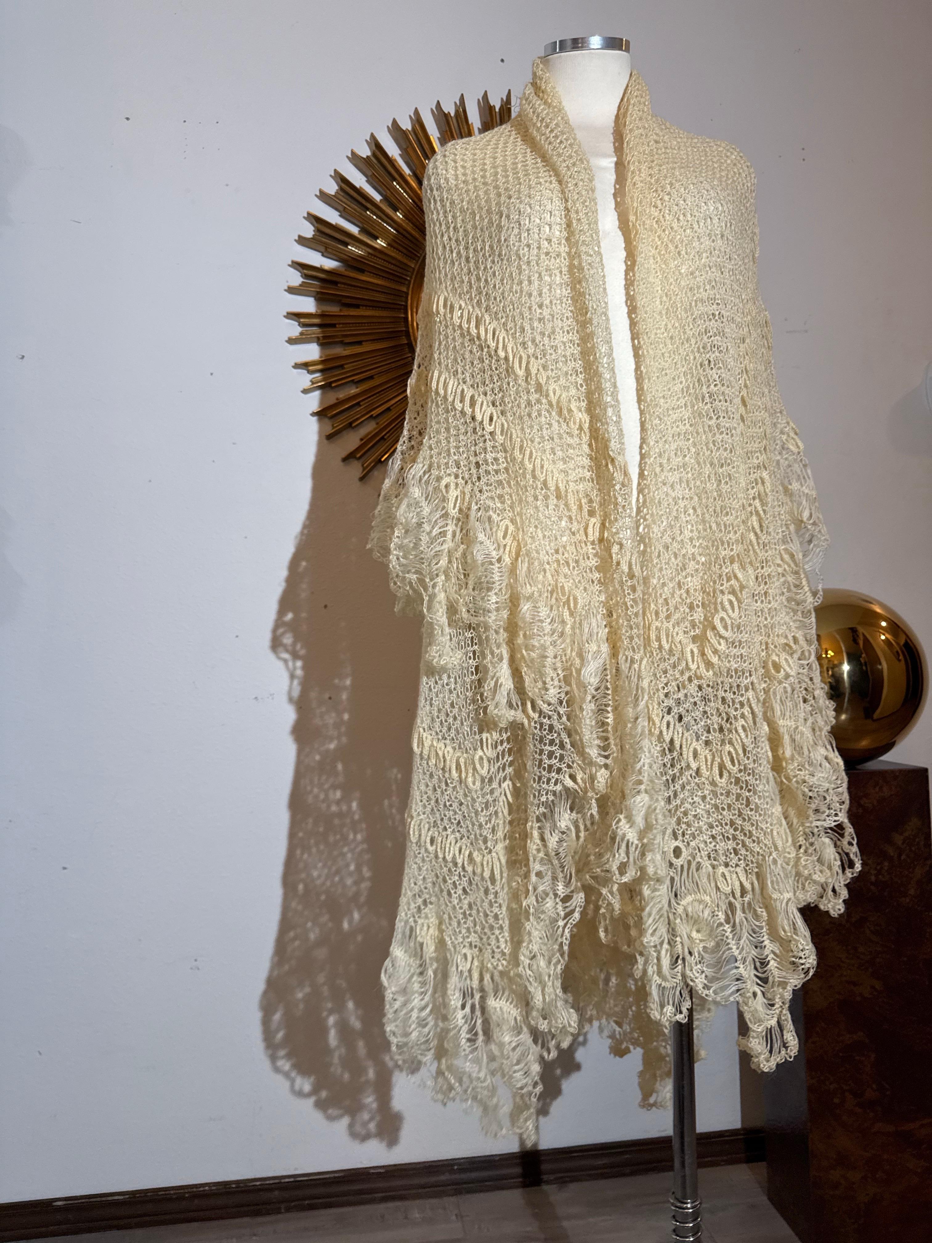 Late 1800s Victorian Buttercream Mohair Crochet Fichu in Intricate Patterns For Sale 2
