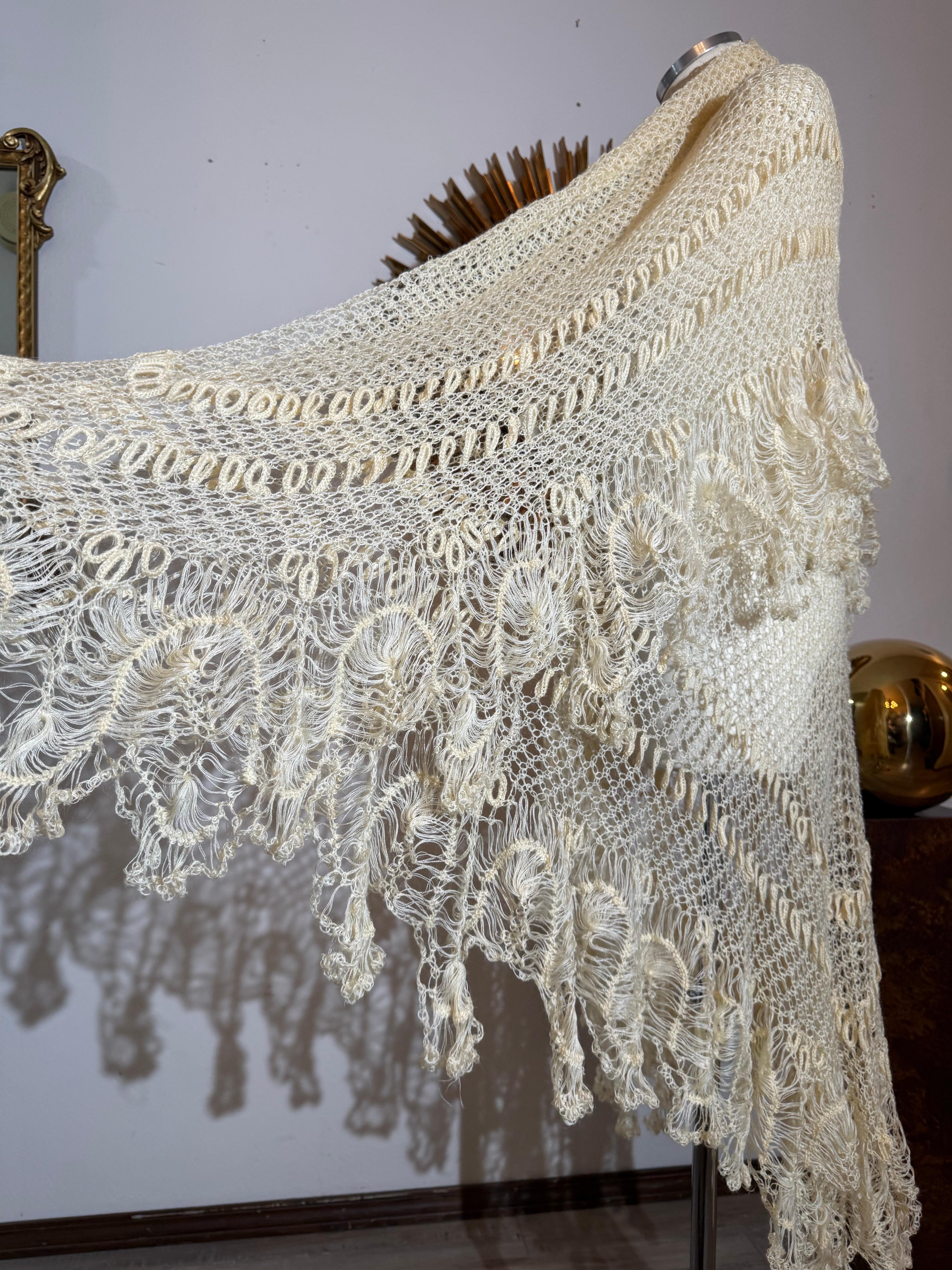 Late 1800s Victorian Buttercream Mohair Crochet Fichu in Intricate Patterns For Sale 3