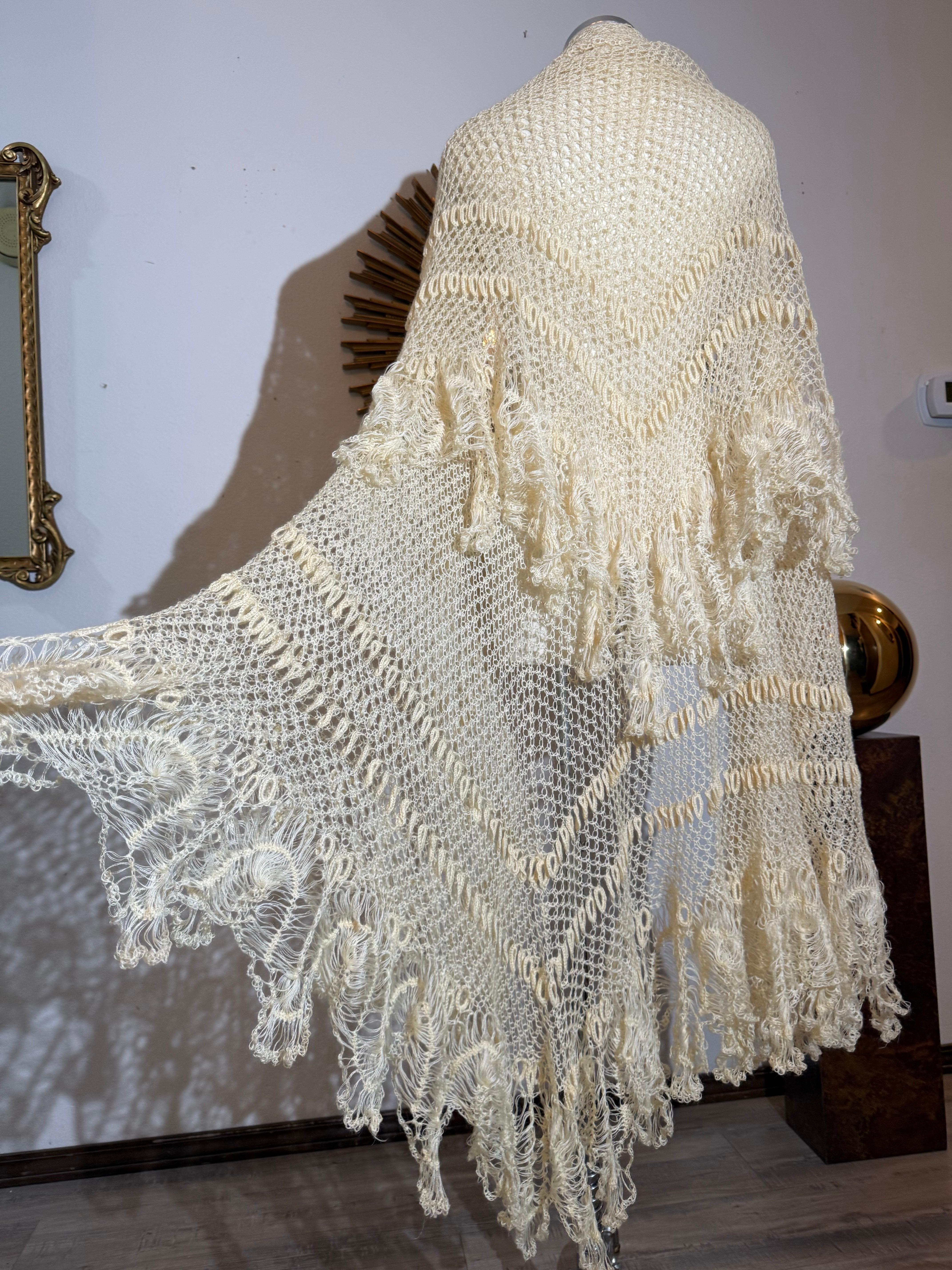 Late 1800s Victorian Buttercream Mohair Crochet Fichu in Intricate Patterns For Sale 4