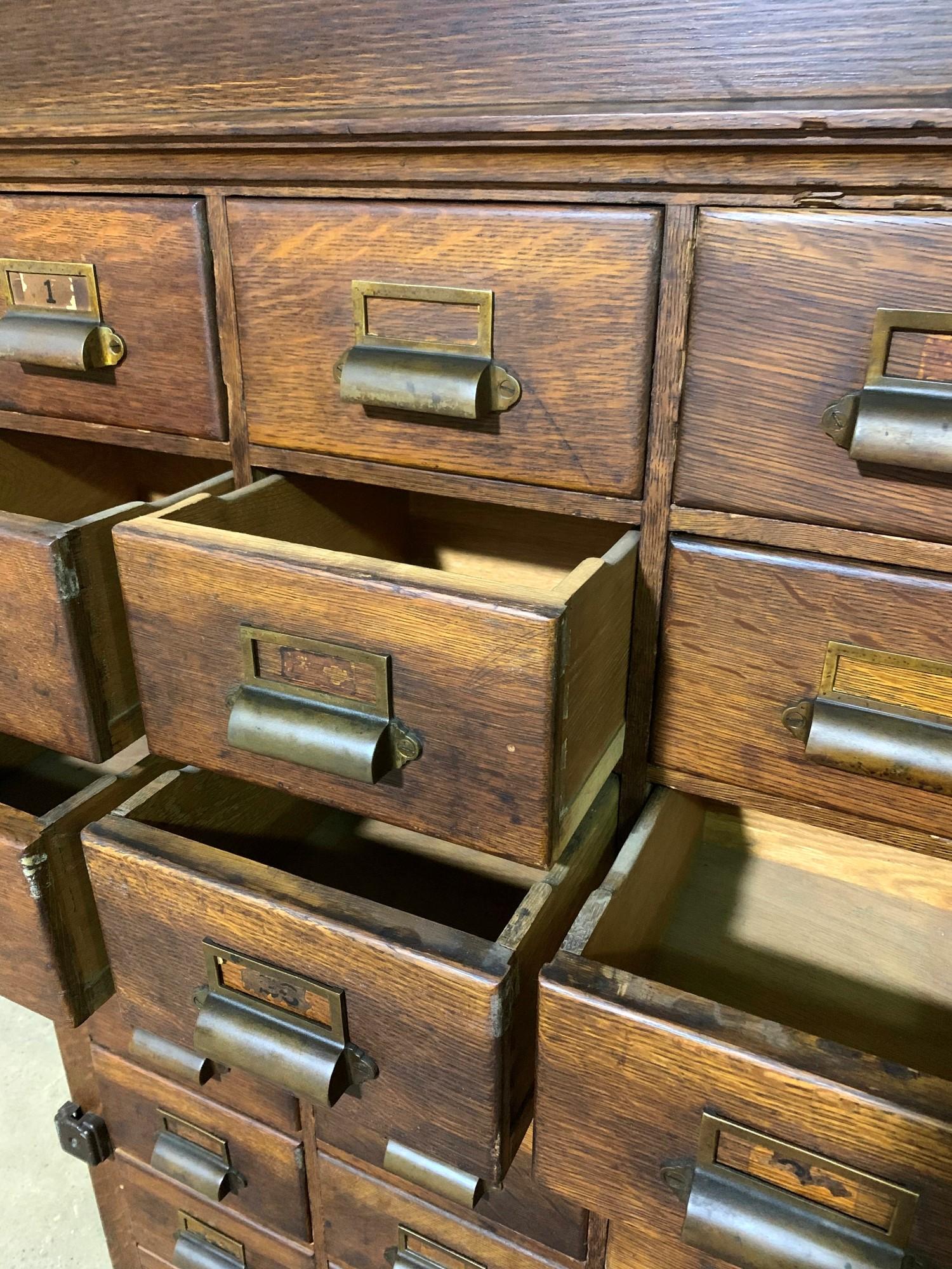 Industrial Late 1800s Wood Cabinet Apothecary Card Catalog with Drawers and Shelves