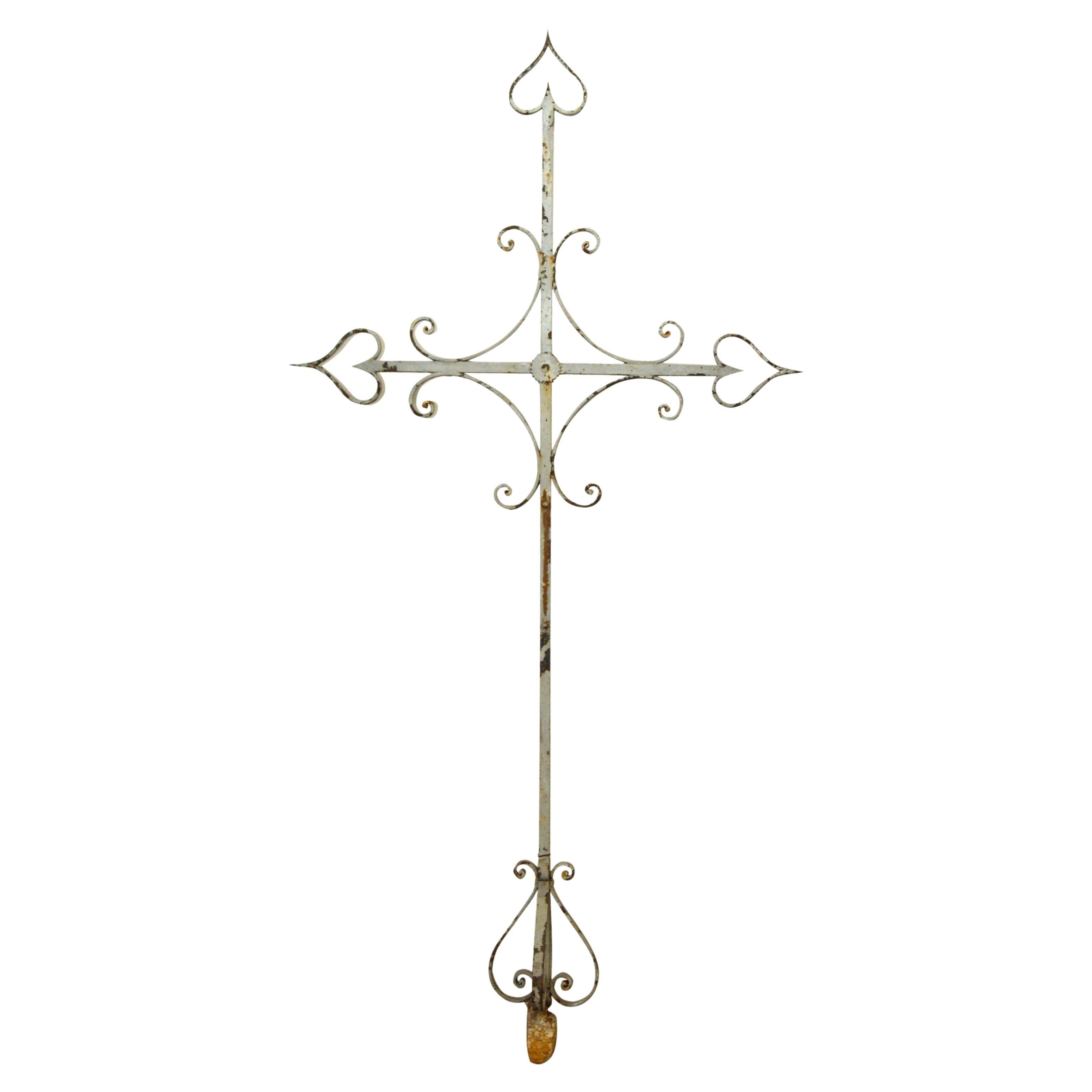 Late 1800s Wrought Iron Cross from France with Original Silver Paint