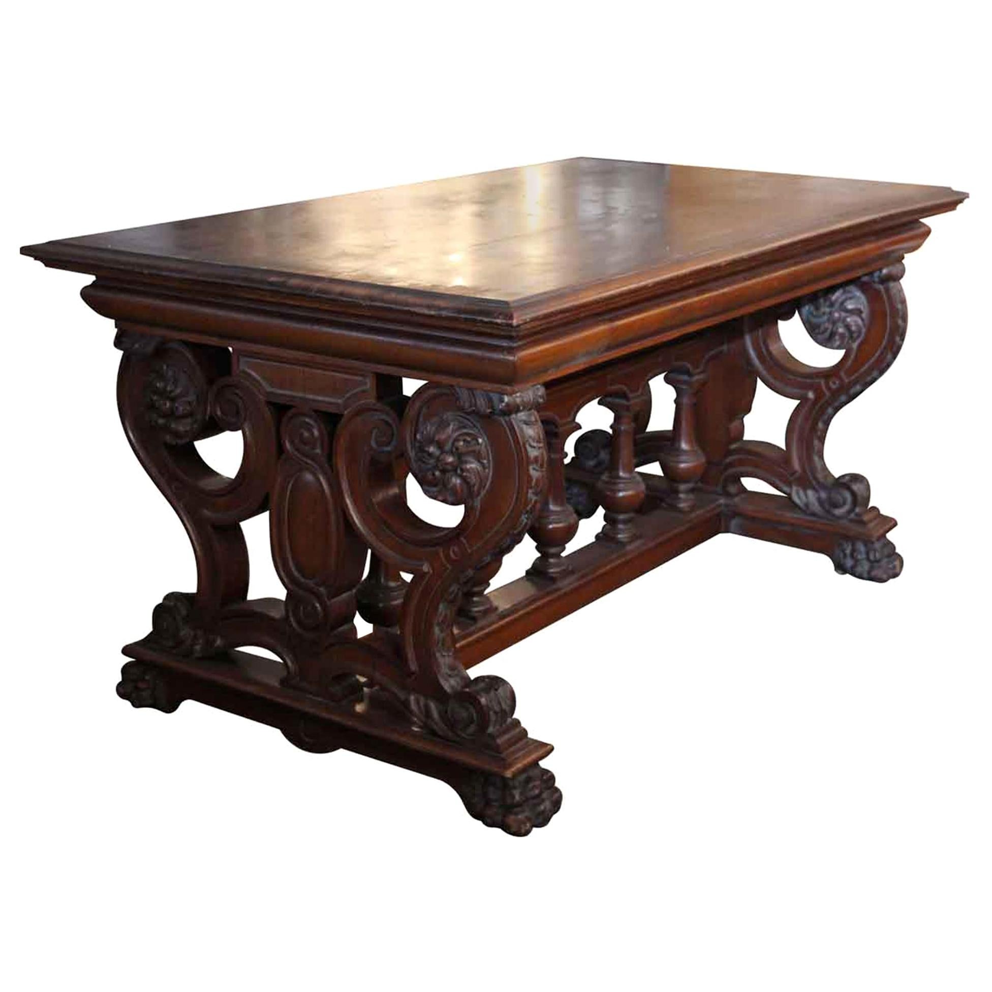 Late 1880s Dark Tone Ornate Hand Carved Wood Library Table by Rj Horner 