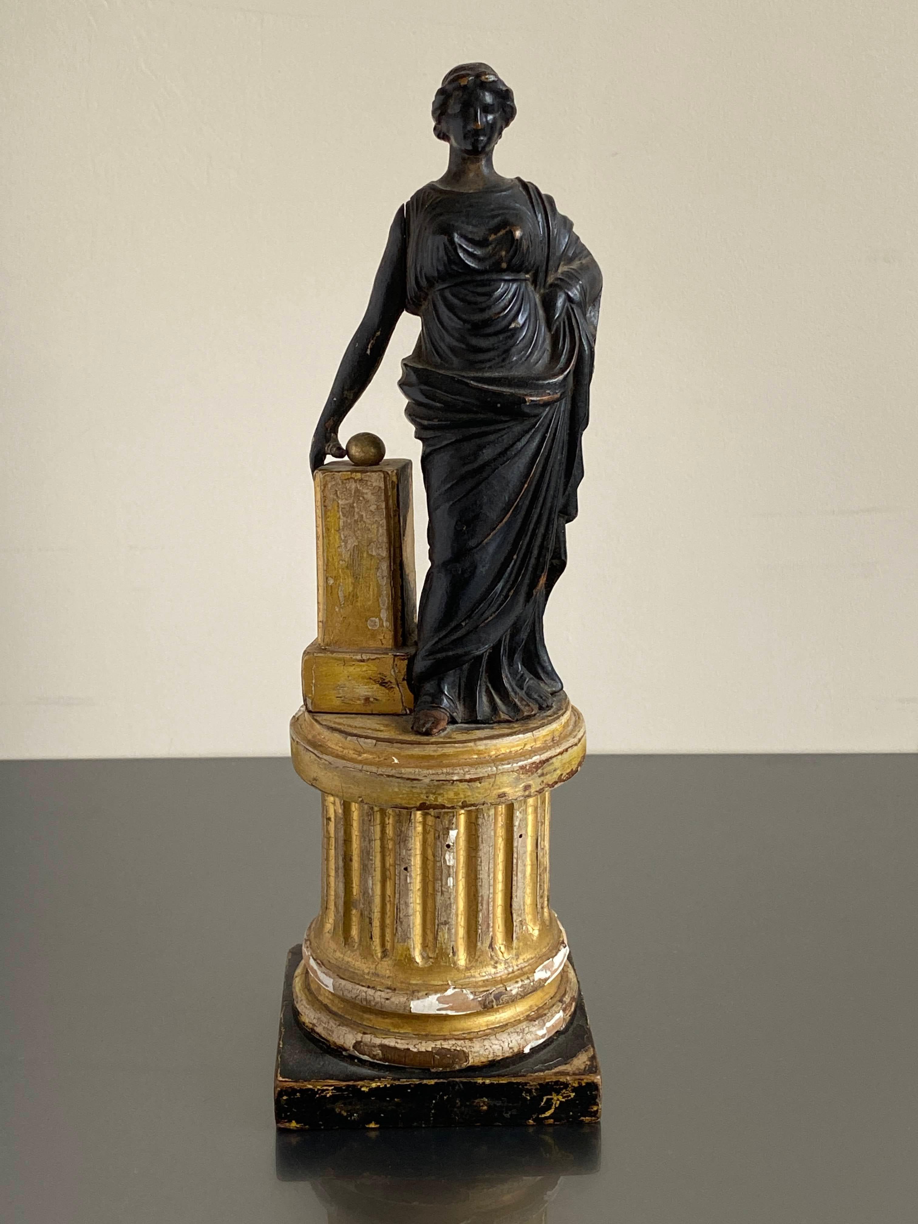 Neoclassical Late 18c Carved Statue of the Roman Goddess 'Fortuna' Standing on a Fluted Gilt