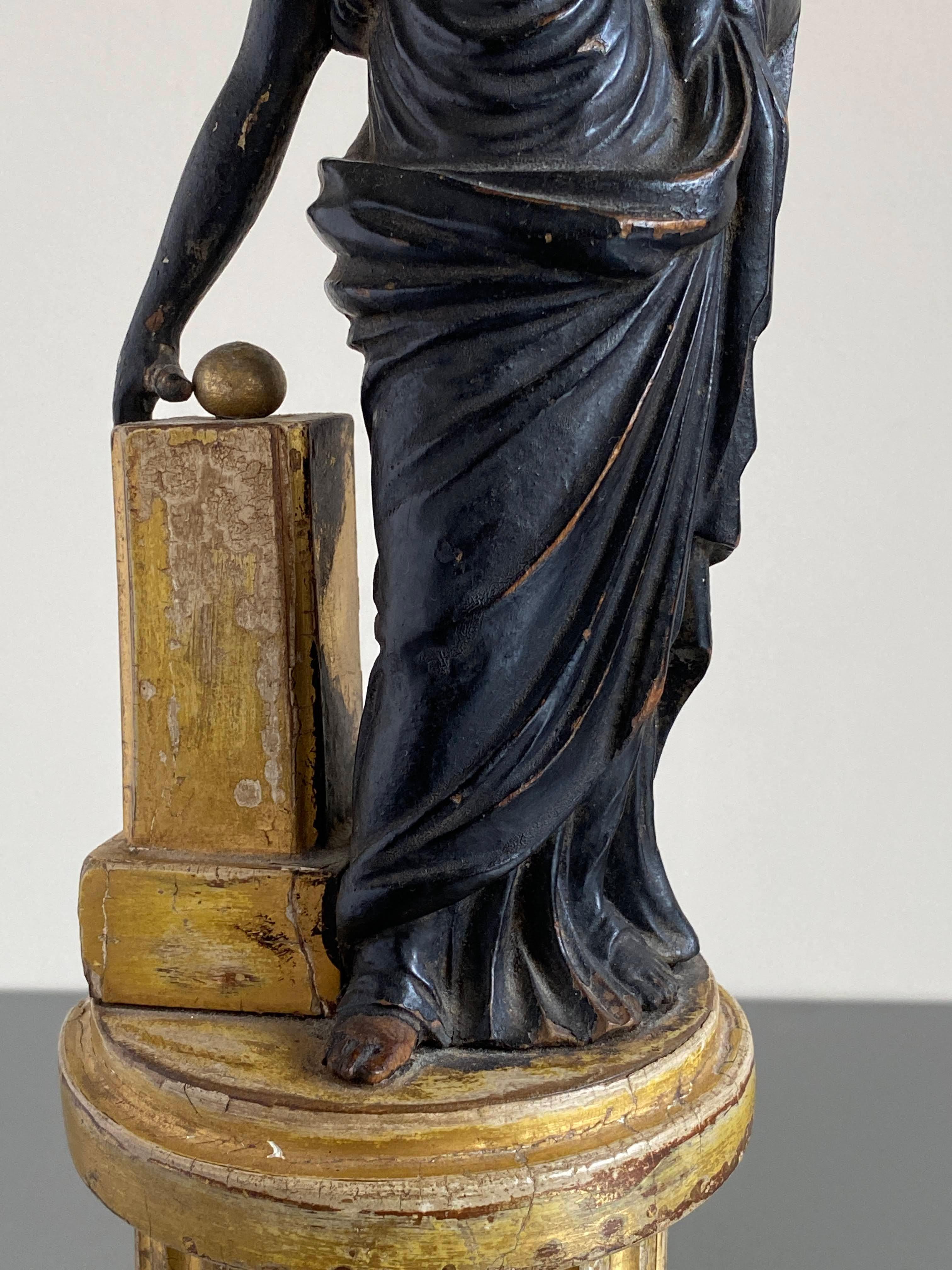 French Late 18c Carved Statue of the Roman Goddess 'Fortuna' Standing on a Fluted Gilt