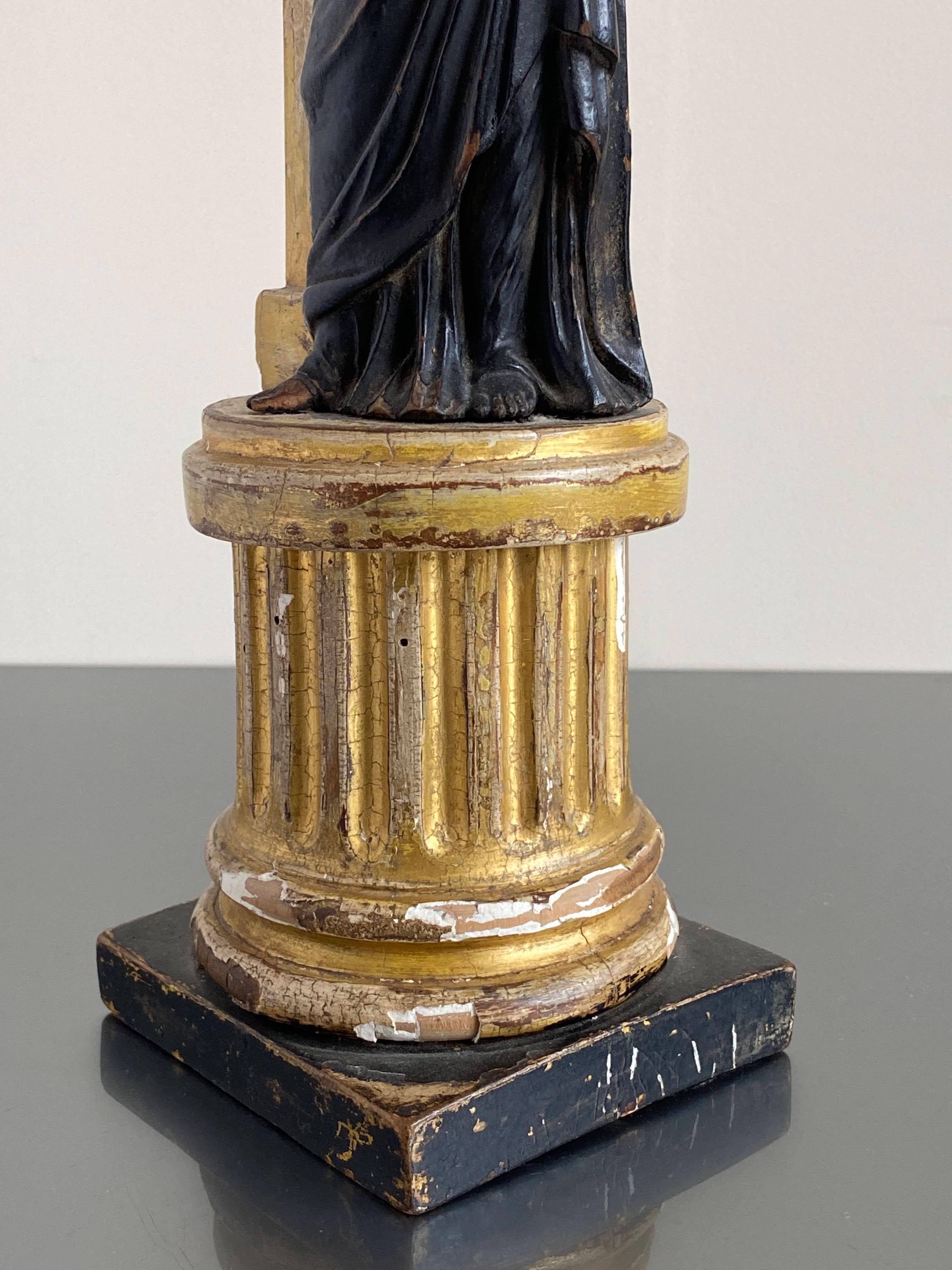 Wood Late 18c Carved Statue of the Roman Goddess 'Fortuna' Standing on a Fluted Gilt