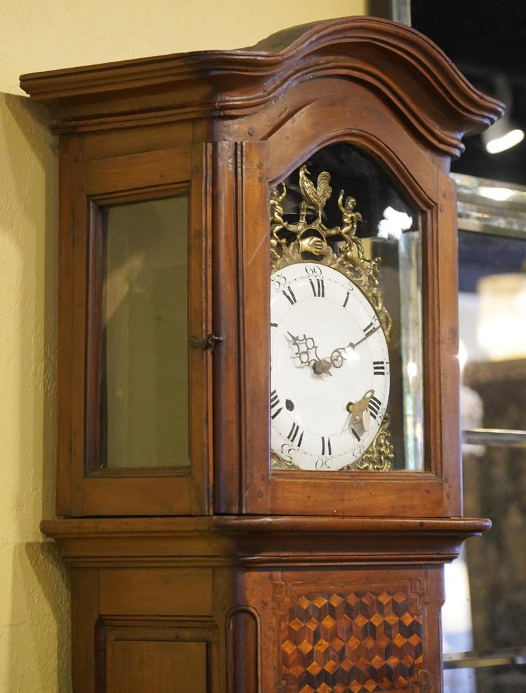 Late 18h Century French Provincial Walnut and Marquetry Tall Case Clock