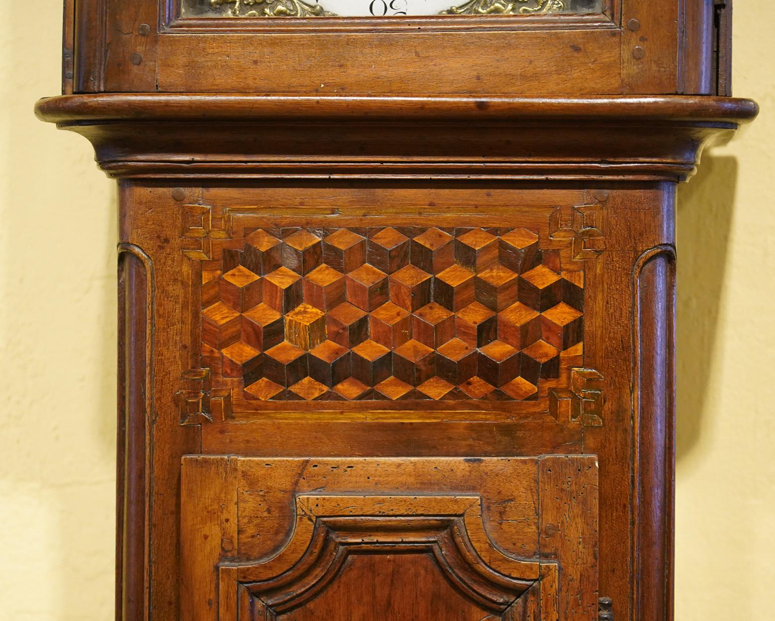 Late 18h Century French Provincial Walnut and Marquetry Tall Case Clock In Good Condition In Ft. Lauderdale, FL