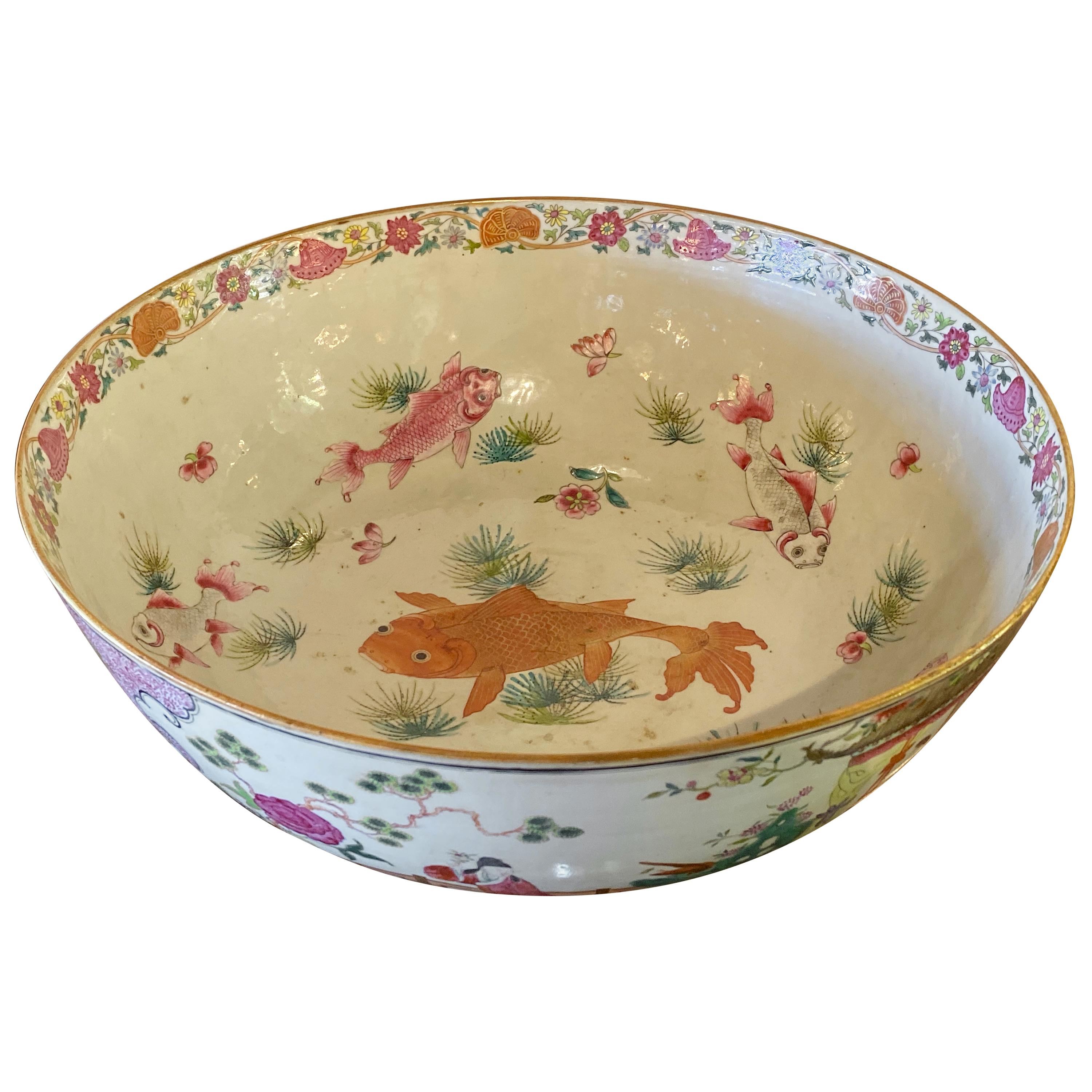 19th Century Famille Rose Chinese Export Punch, Koi Decorated For Sale