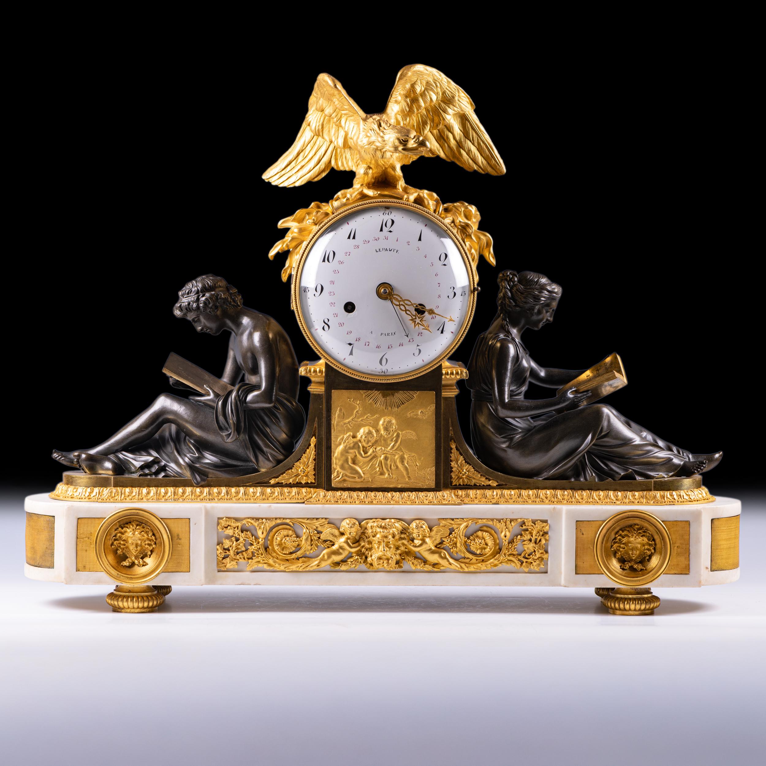 A Fine 
Most Impressive French Gilt, Patinated Bronze and White Marble Mantel Clock by Lepaute of Paris, France. Of impressive scale and refined Neoclassical design, the circular white enamel dial signed Lepaute à Paris within a gilt-bronze