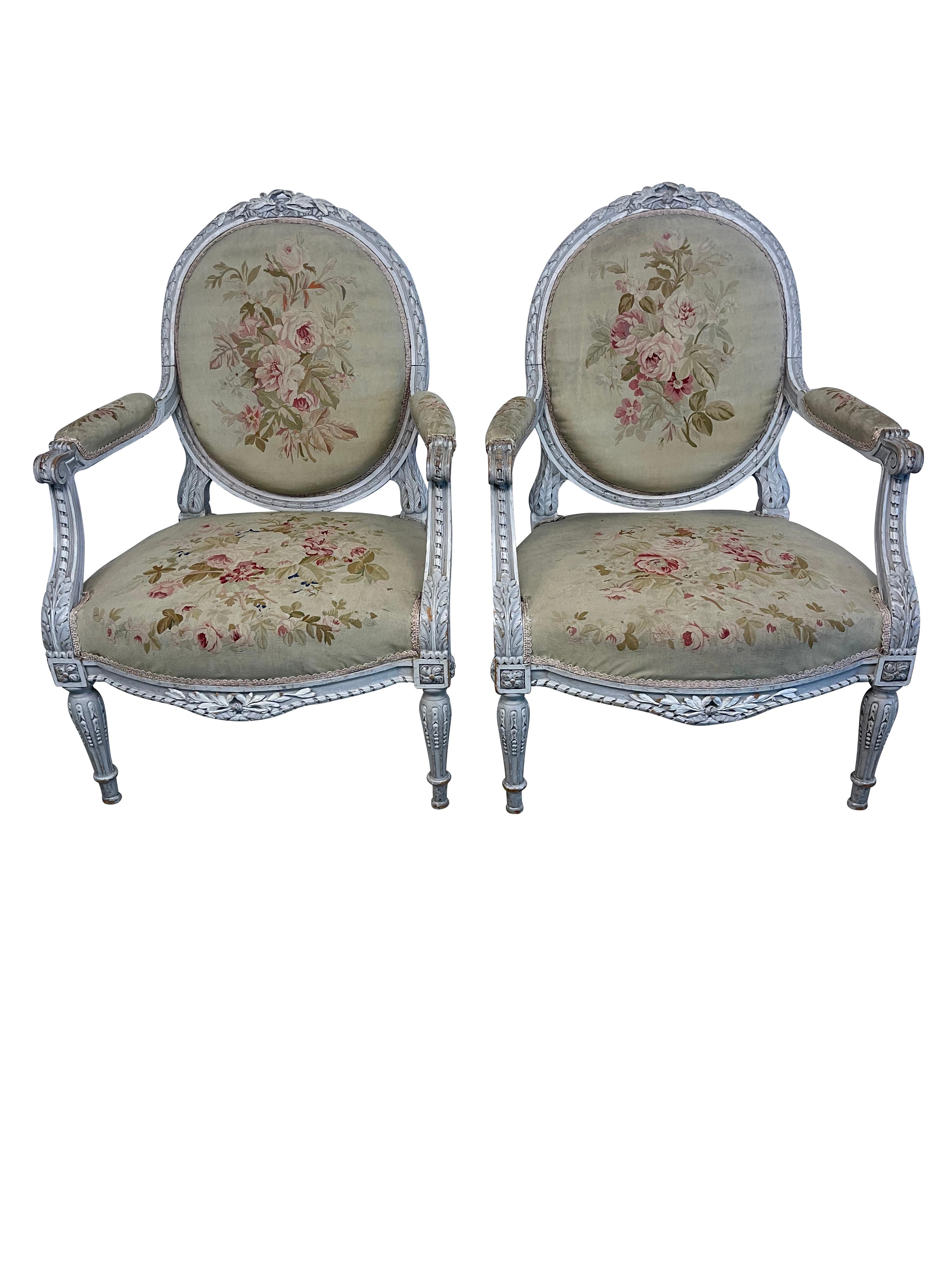 Tapestry Late 18th/19th Century French Ivory  Louis XVI Armchairs with Aubusson For Sale