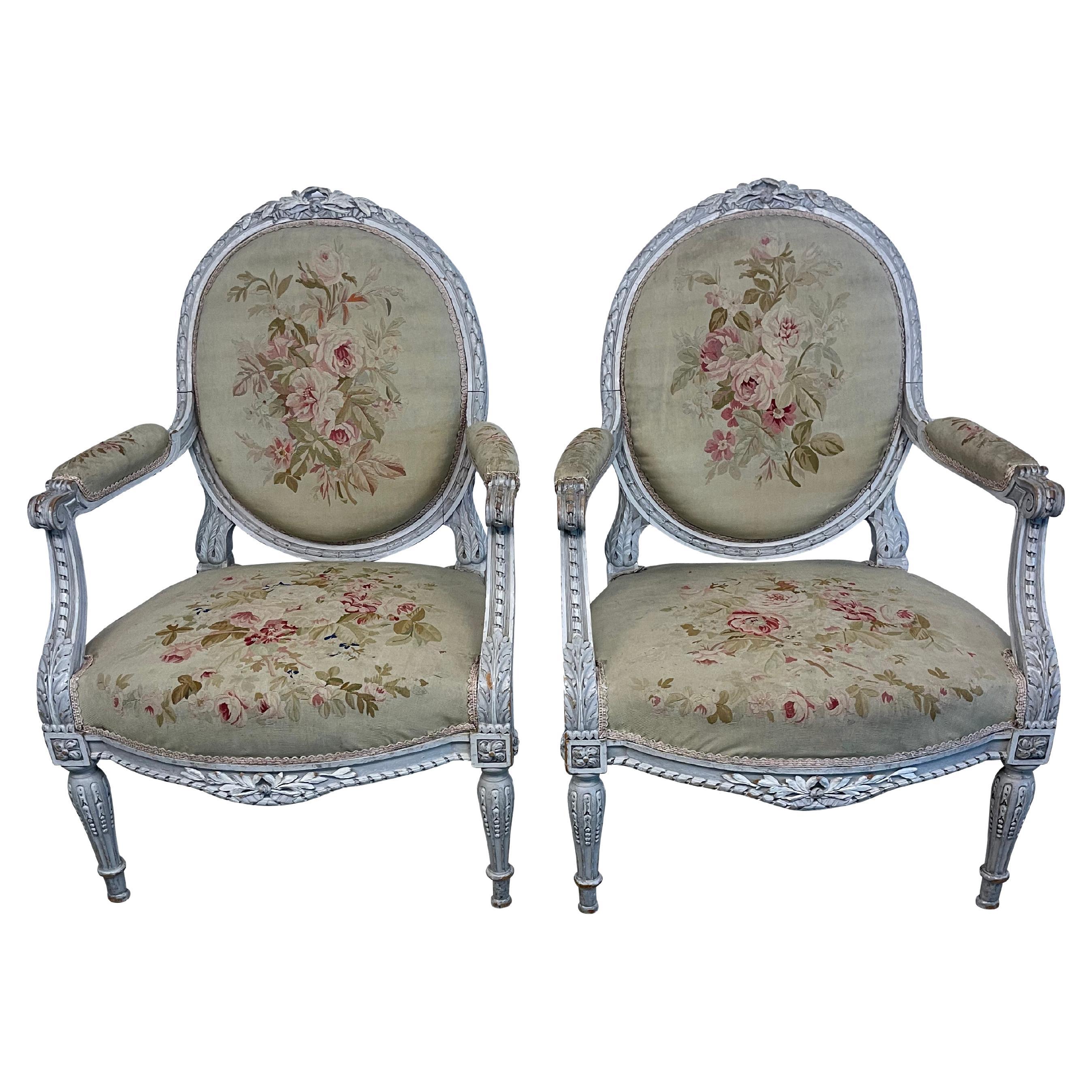 Late 18th/19th Century French Ivory  Louis XVI Armchairs with Aubusson For Sale