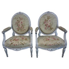 Antique Late 18th/19th Century French Ivory  Louis XVI Armchairs with Aubusson