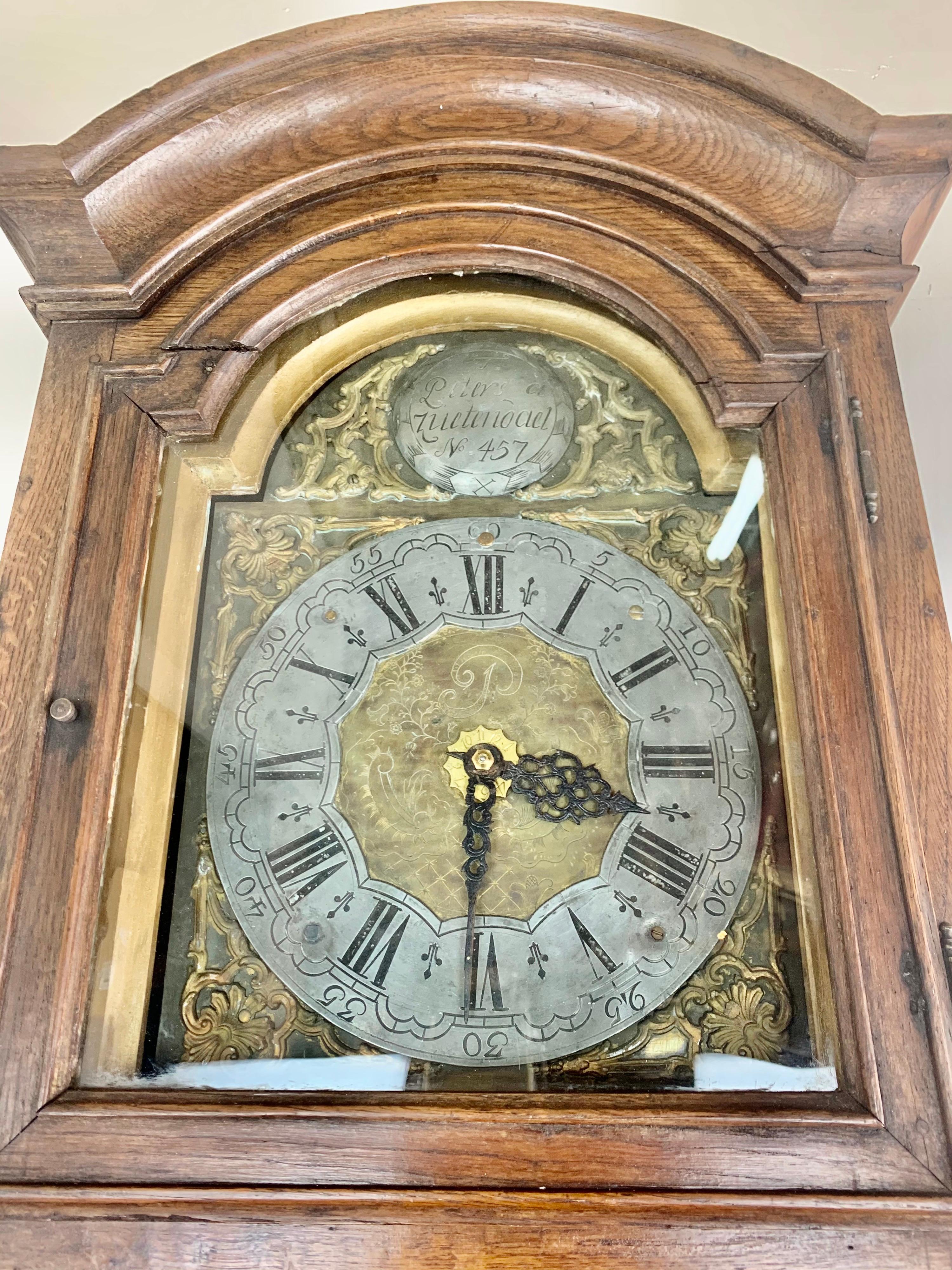 Late 18th C. Belgium Provincial Longcase Clock In Distressed Condition For Sale In Los Angeles, CA