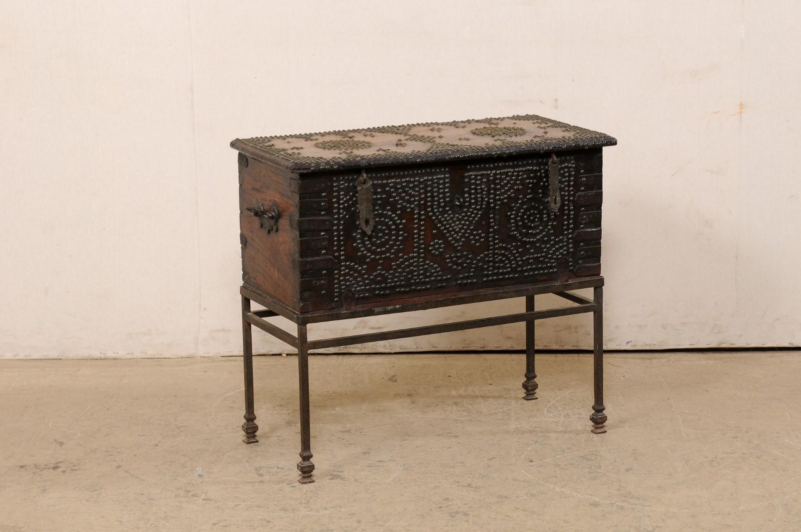 European Late 18th C British Colonial Rosewood Trunk, Presented on a Forged-Iron Base For Sale
