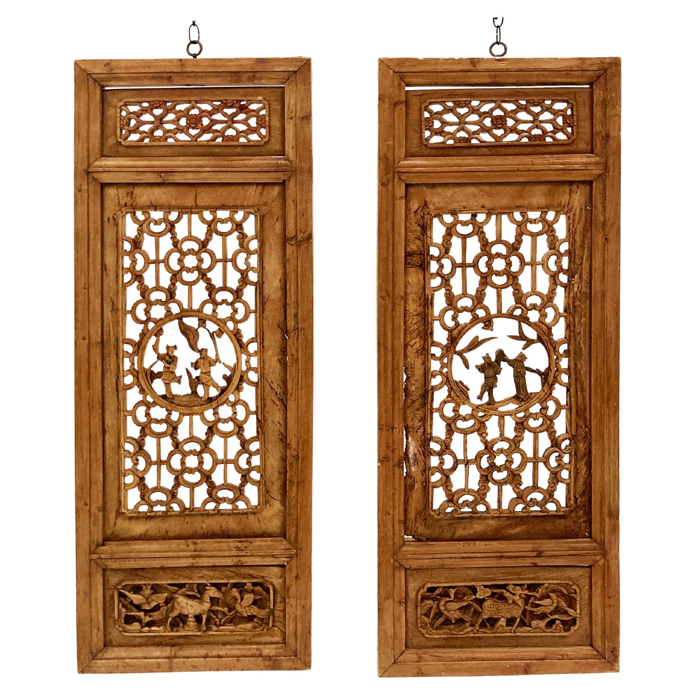 Late 18th C. Chinese Wooden Hand-carved Panels From the Qing Dynasty - a Pair