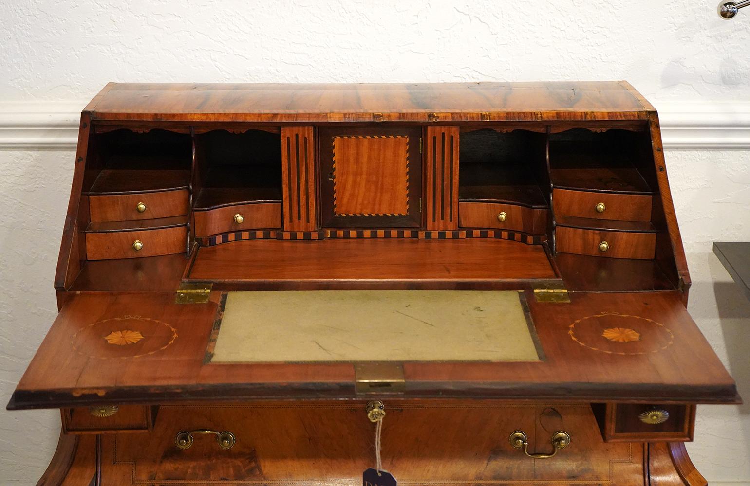 Late 18th C. Dutch Richly Inlaid Two Part Walnut and Satinwod Fall Front Bureau For Sale 8
