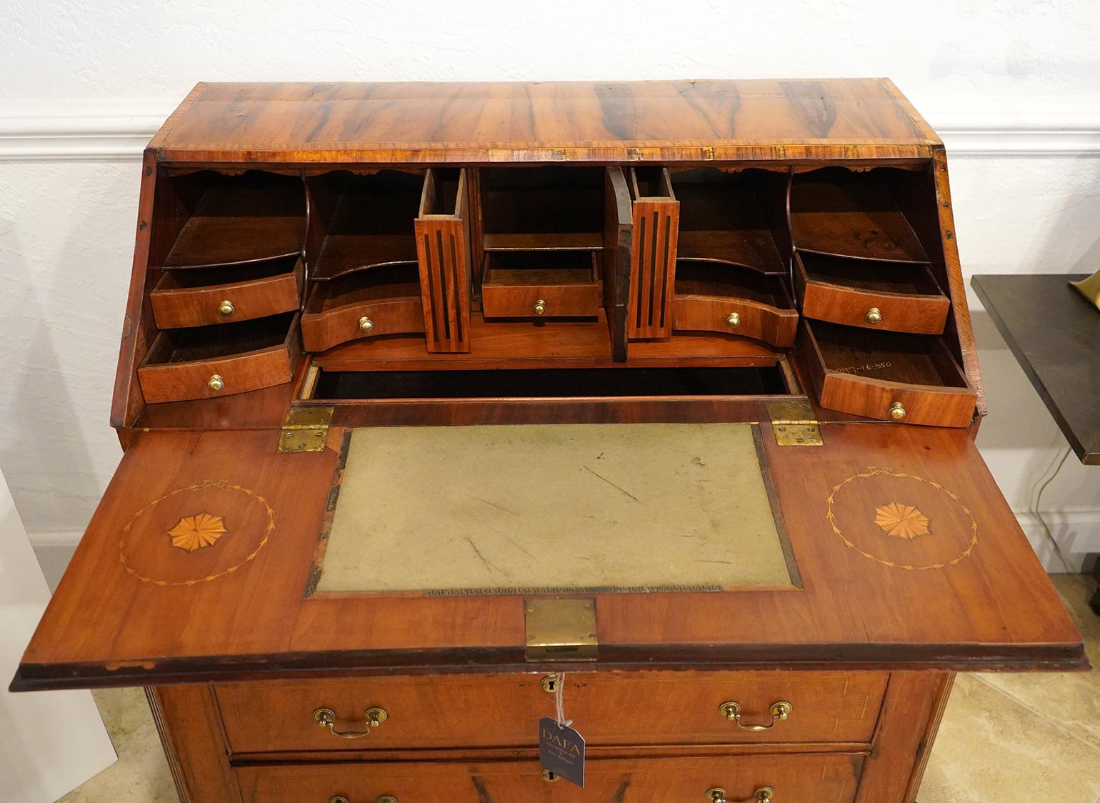 Late 18th C. Dutch Richly Inlaid Two Part Walnut and Satinwod Fall Front Bureau For Sale 11